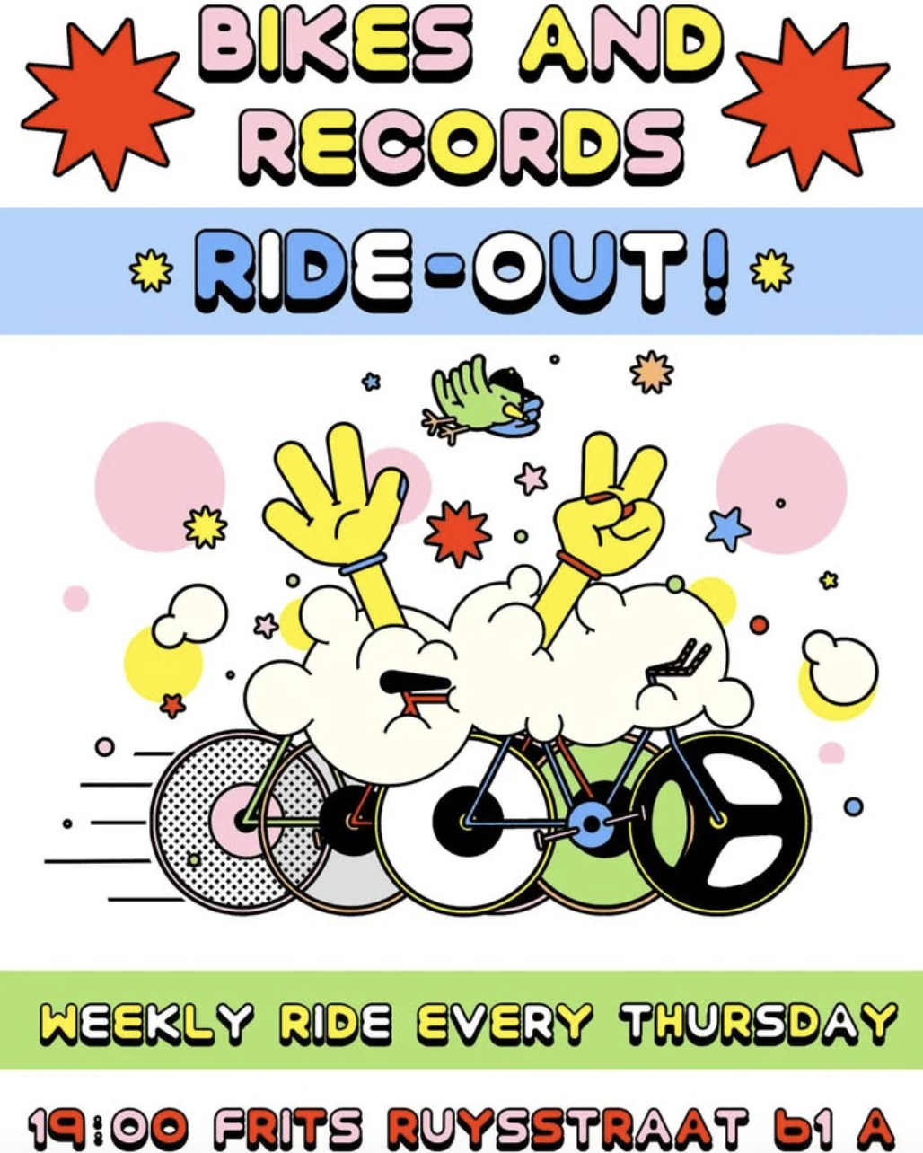 Colorful poster for "Bikes and Records Ride-Out" featuring cartoon clouds on bicycles with raised hands, a bird, and colorful shapes. Event occurs every Thursday at 19:00 on Frits Ruysstraat 61A.