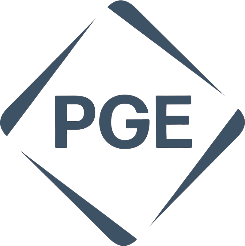 A logo with the text 'PGE' inside a tilted square outline.