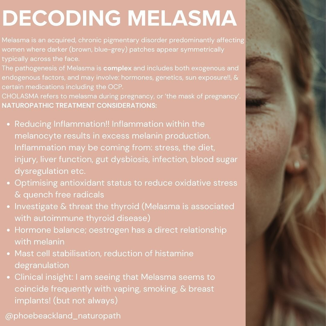 Something I&rsquo;m treating more &amp; more in clinic 😍 
MELASMA is a complex &amp; multifactorial condition and of course, as with any chronic skin condition, best to be seeing a Naturopath for internal support &amp; a holistic skin therapist for 