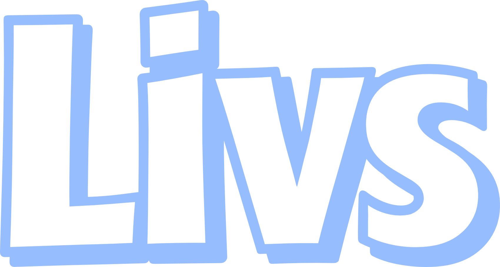 Texten 'LIVS' i stora bokstäver med blå kontur och vit fyllning, på svart bakgrund.