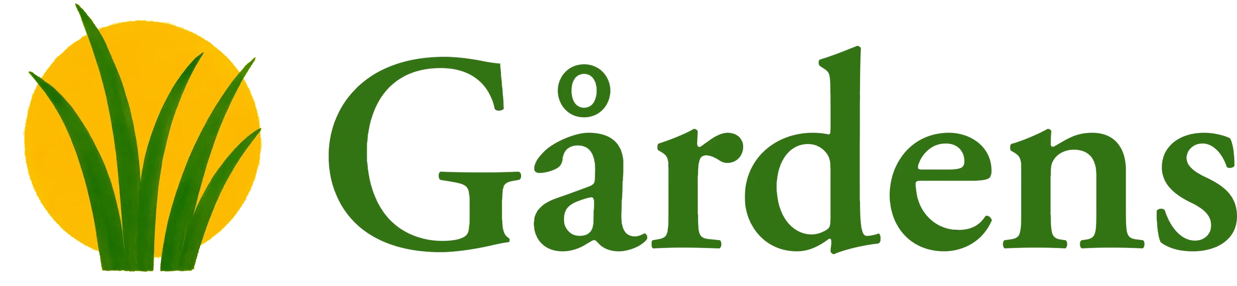 Logotyp för Gårdens med en gul cirkel och gröna grässtrån, samt texten 'Gårdens' i grönt.