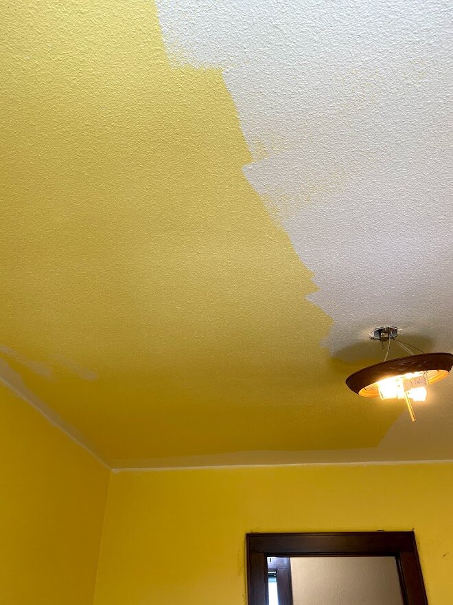 painting the ceiling of one of the guest rooms.