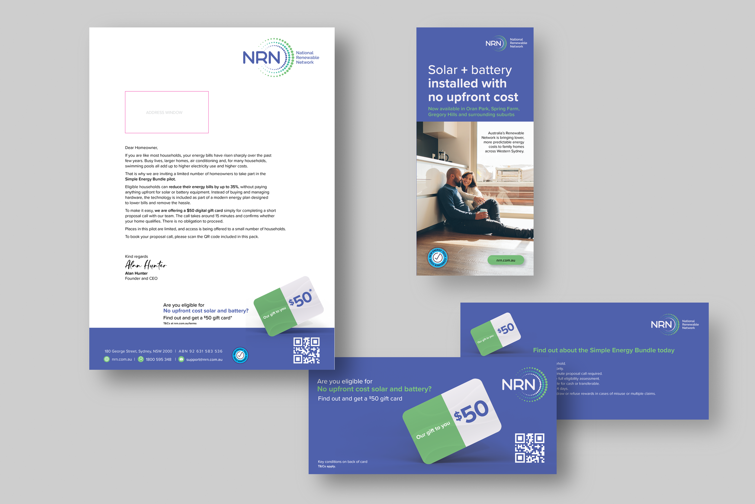 BTL bulk-mail drop campaign in Western Sydney targeting large homes with no solar and swimming pools. 

Campaign Message: No upfront cost solar and battery energy bundle, pilot trial in your area, find out more and receive $50.

CTA: Incentive $50 gi