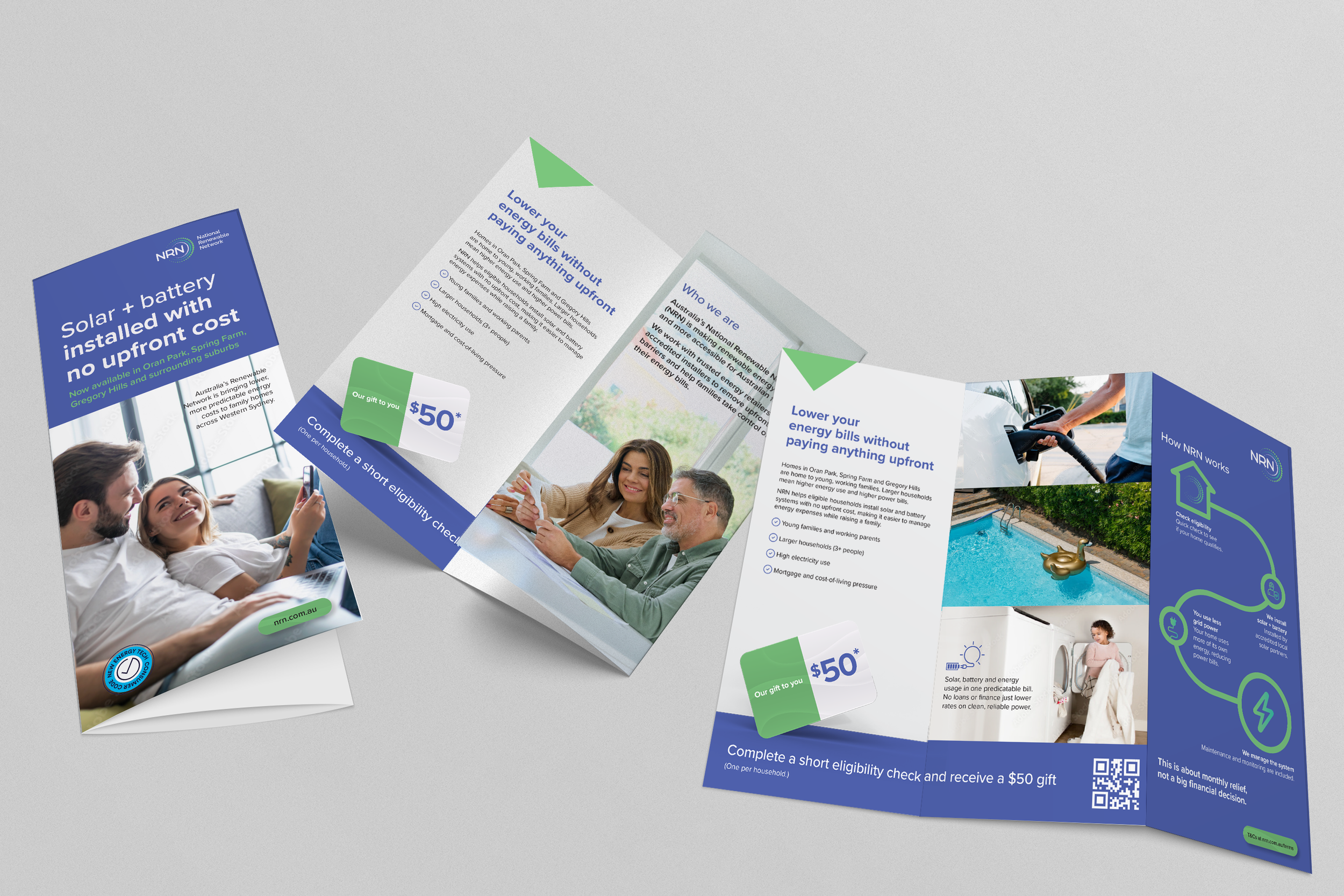 BTL bulk-mail drop campaign in Western Sydney targeting large homes with no solar and swimming pools. 

Campaign Message: No upfront cost solar and battery energy bundle, pilot trial in your area, find out more and receive $50.

CTA: Incentive $50 gi