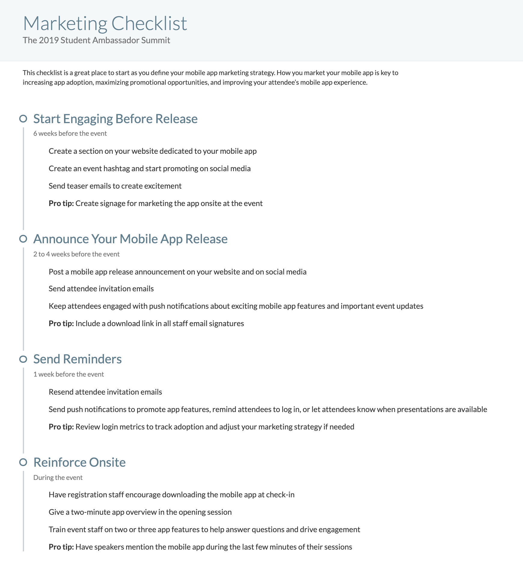 Our marketing checklist, following each checkpoint along the way.