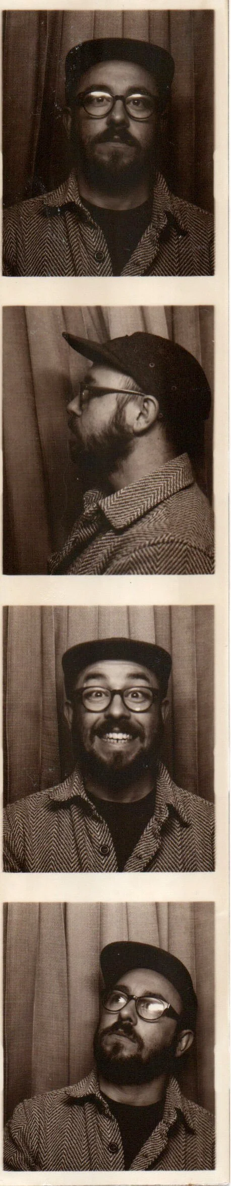 A black-and-white photo strip featuring a man with glasses and a beard wearing a hat and patterned shirt, posing against a curtain background.
