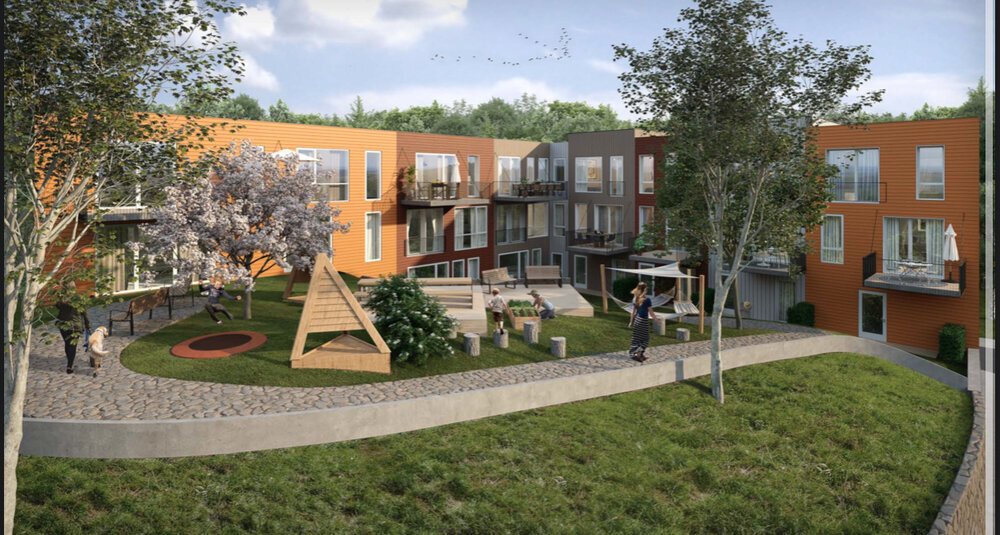 Illustrasjon av moderne boligkompleks med grønn hage og lekeplass. Fleretasjes bygninger med balkonger, omkranset av trær og plen. Ulike aktivitetsområder for barn og voksne. Solfylt dag med klar blå himmel.