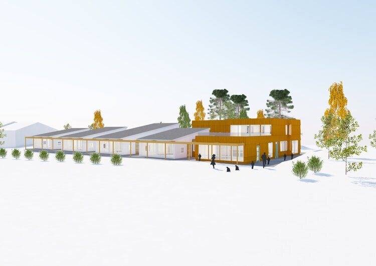 3D-modell av en moderne, oransje bygning med flere nivåer omgitt av trær og busker.