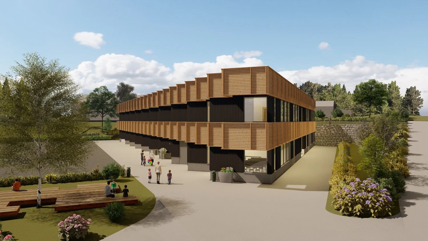 Arkitektonisk tegning av en moderne bygning med trepanel og store vinduer, omgitt av trær og planter. Personer er samlet utenfor bygningen, og det er et sitteområde av trebenker i forgrunnen.