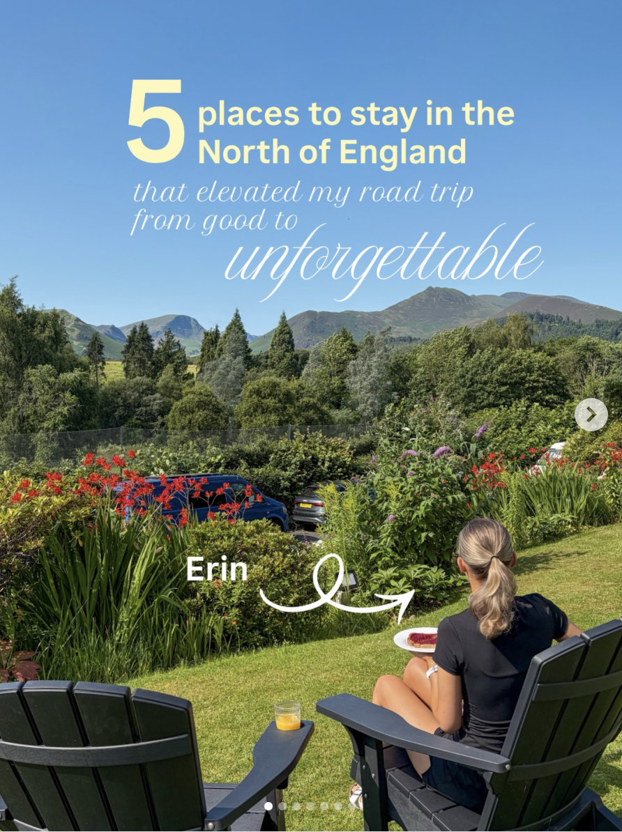 Woman sitting in a backyard, eating a meal and holding a plate, with a glass of orange juice on a chair next to her. The background features lush greenery, colorful flowers, parked cars, and distant hills under a blue sky. Text on the image indicates it's about five places to stay in the North of England, with a signature from Erin.