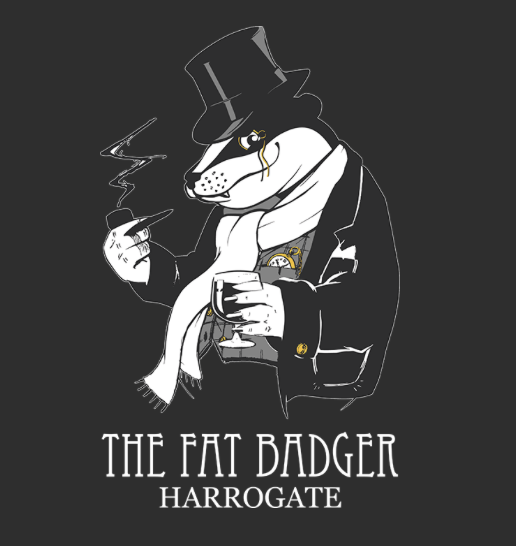 Logo for The Fat Badger which depicts a badger wearing a jacket and scarf, smoking a pipe