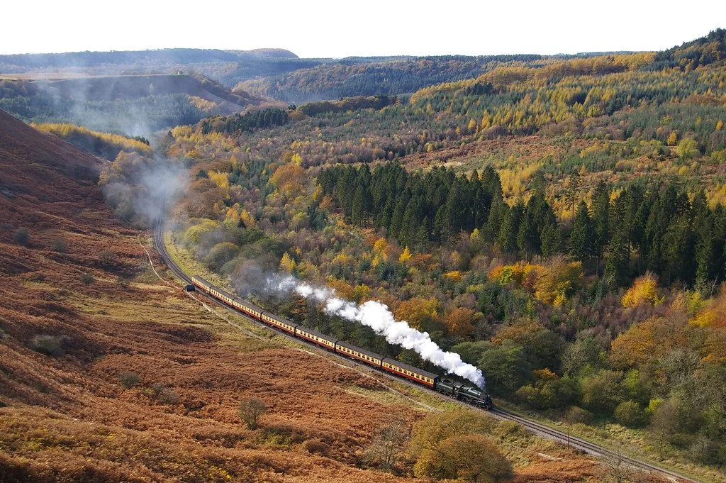 A steam train passes through the beautiful North Yorkshire Moors