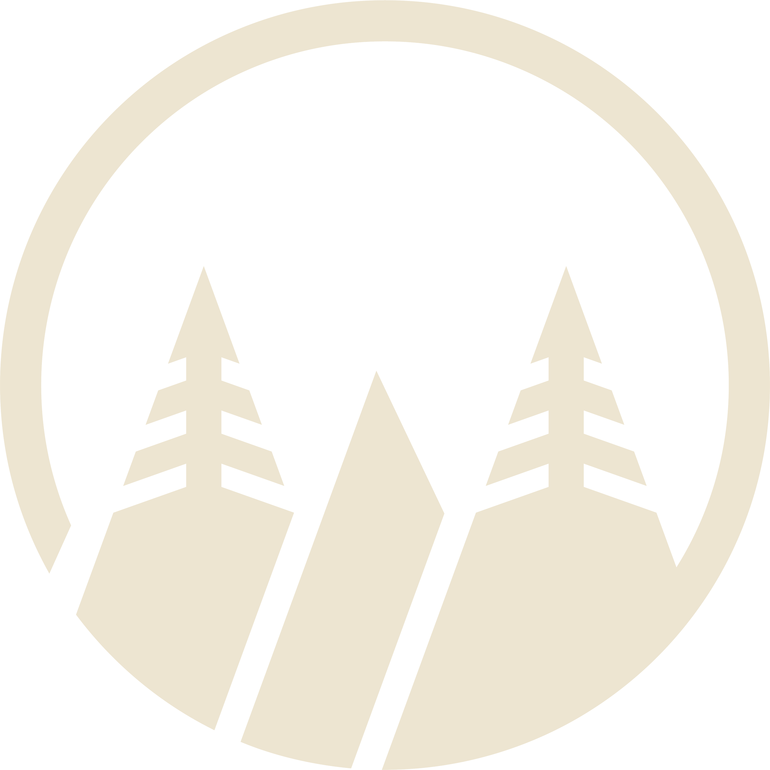 A stylized hiking or camping logo featuring two pine trees and a tent enclosed within a circular border.