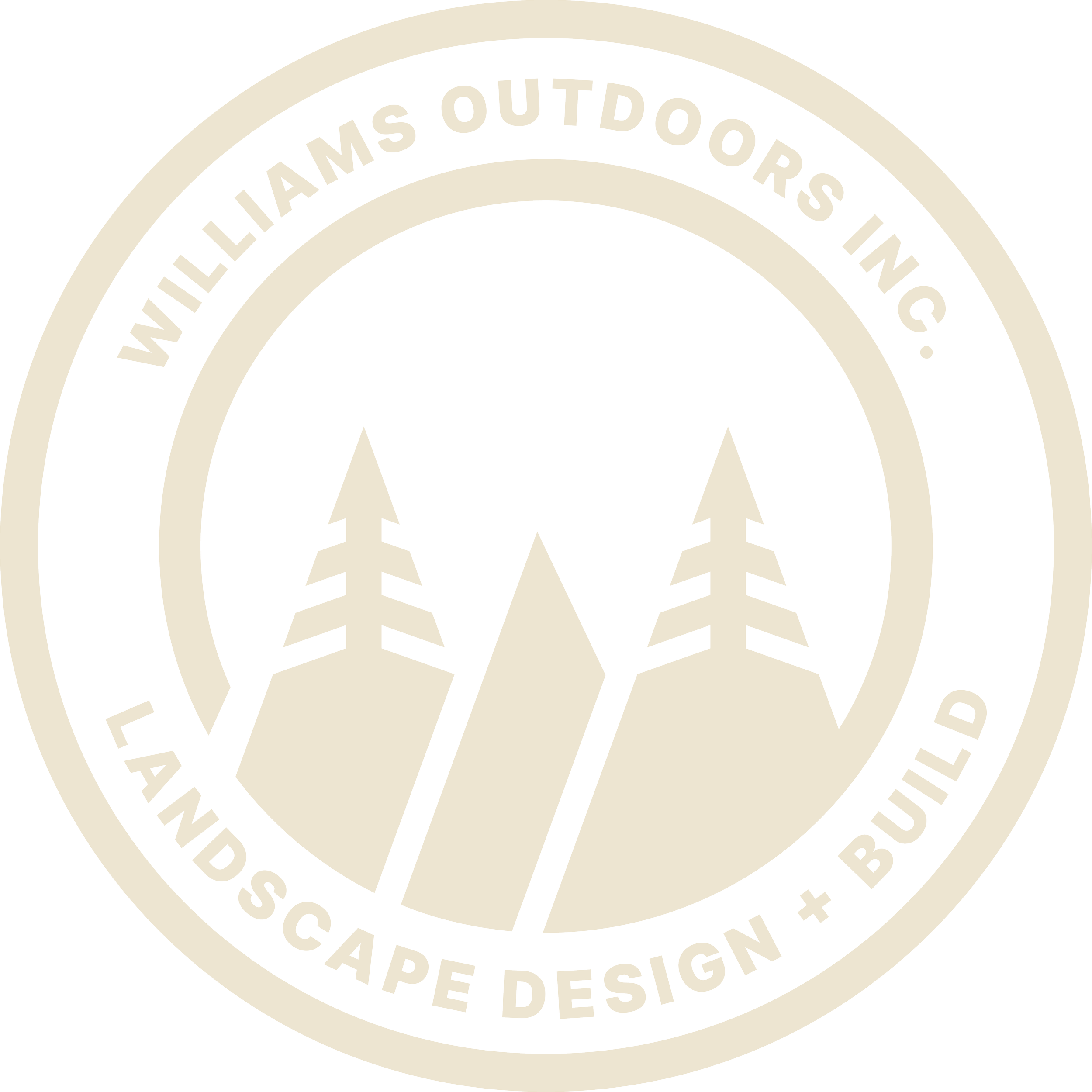 Circular logo for Williams Outdoors Inc. with mountain landscape and evergreen trees, featuring the text "Williams Outdoors Inc. Landscape Design + Build" around the border.