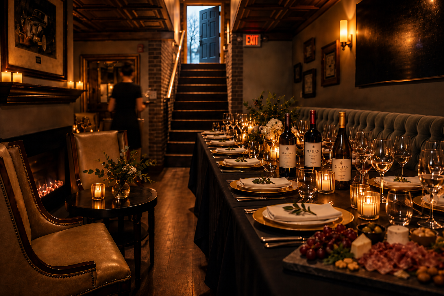 Candlelit private dinner table with Mahan Family Wines at Mahan Speakeasy