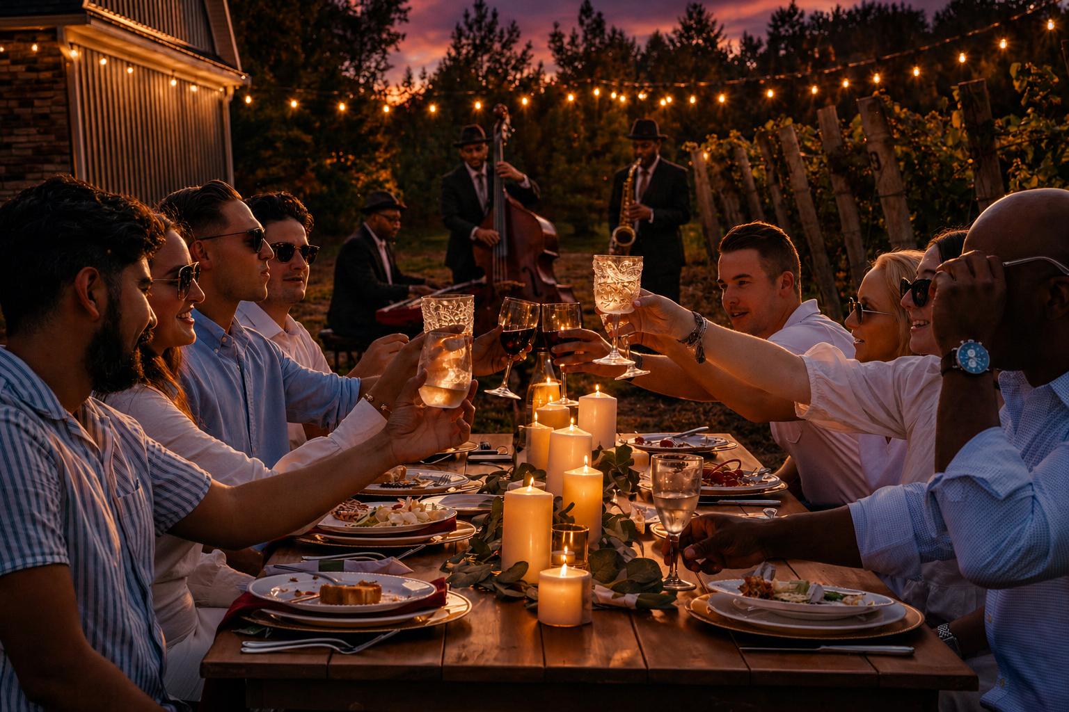 Guests enjoying a candlelit vineyard dinner celebrating the annual estate wine release at twilight in Southwest Michigan