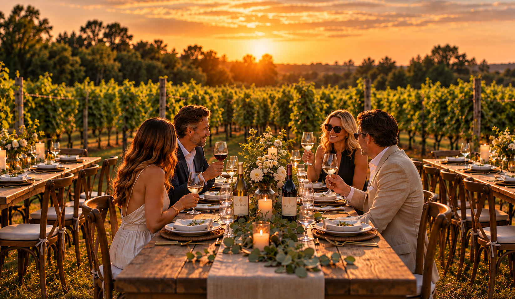Guests enjoying a candlelit vineyard dinner celebrating the annual estate wine release at twilight in Southwest Michigan