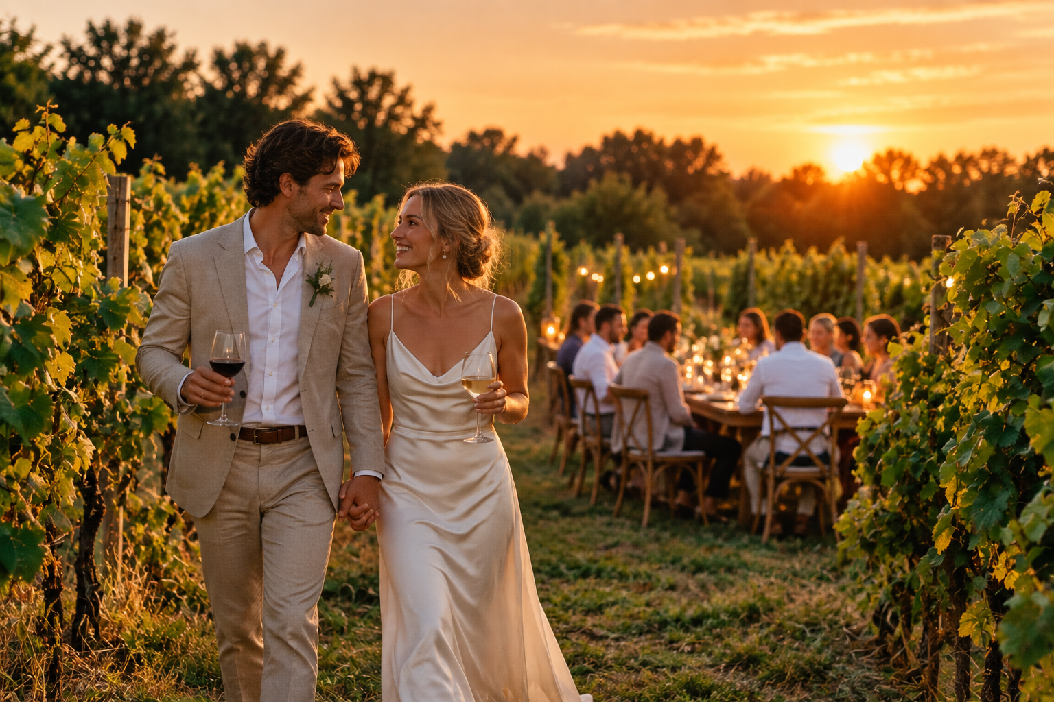 newly married couple walking among the vines at Granite Ridge Vineyard