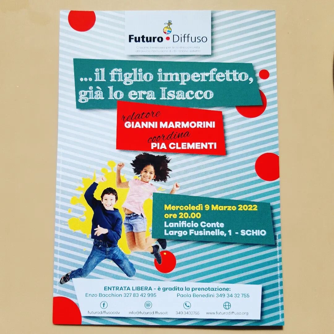 Gianni Marmorini&nbsp;-&nbsp; Isacco il figlio imperfetto.&nbsp;

Figlio che non ha un ruolo da protagonista nella Bibbia ma ci mette difronte al tema dell'accettazione del limite e dell'imperfezione

Domani sera primo incontro
ore 20.00
 Lanificio C