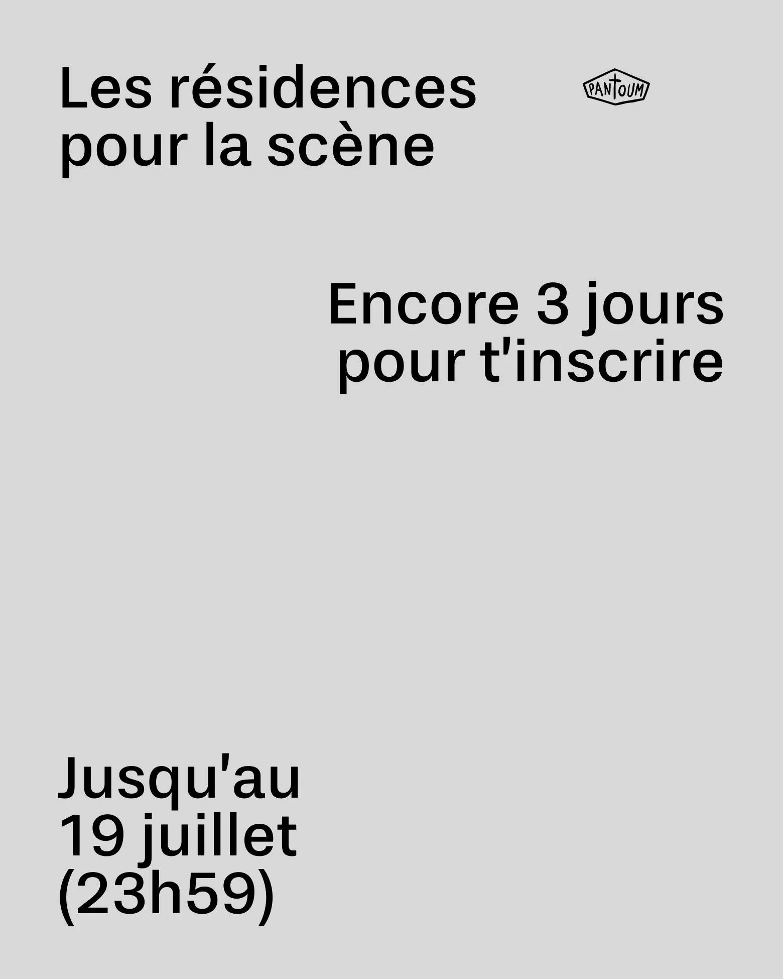 𝐃𝐄𝐑𝐍𝐈𝐄𝐑 𝐑𝐀𝐏𝐏𝐄𝐋 📣 

Plus que 3 jours pour d&eacute;poser ta candidature aux R&eacute;sidences pour la sc&egrave;ne ! ⏰

Si tu travailles sur un spectacle et tu veux le peaufiner avant la tourn&eacute;e, les vitrines ou sa sortie officiel