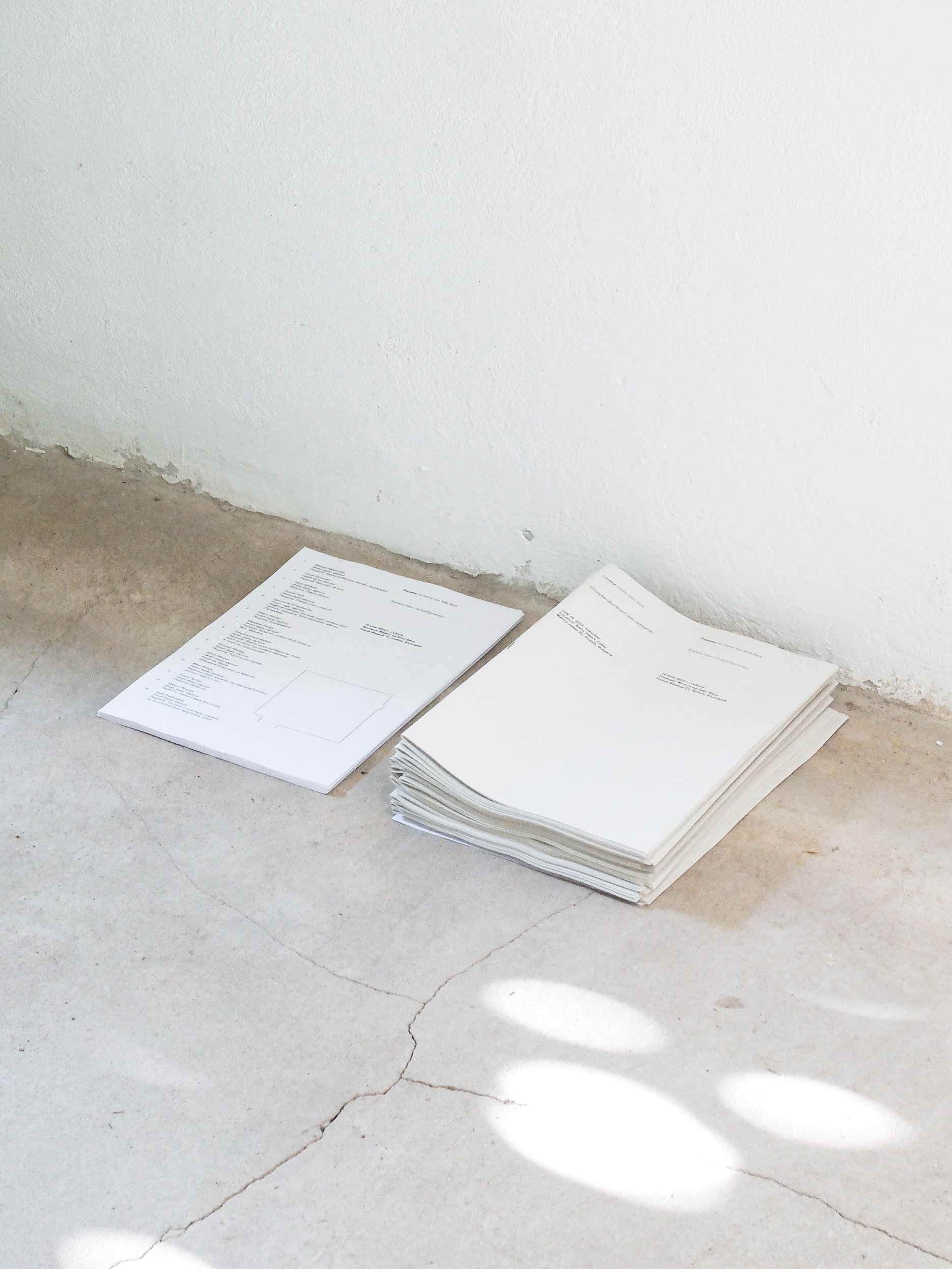   installation view (exhibition space), floor plan, printed matter  