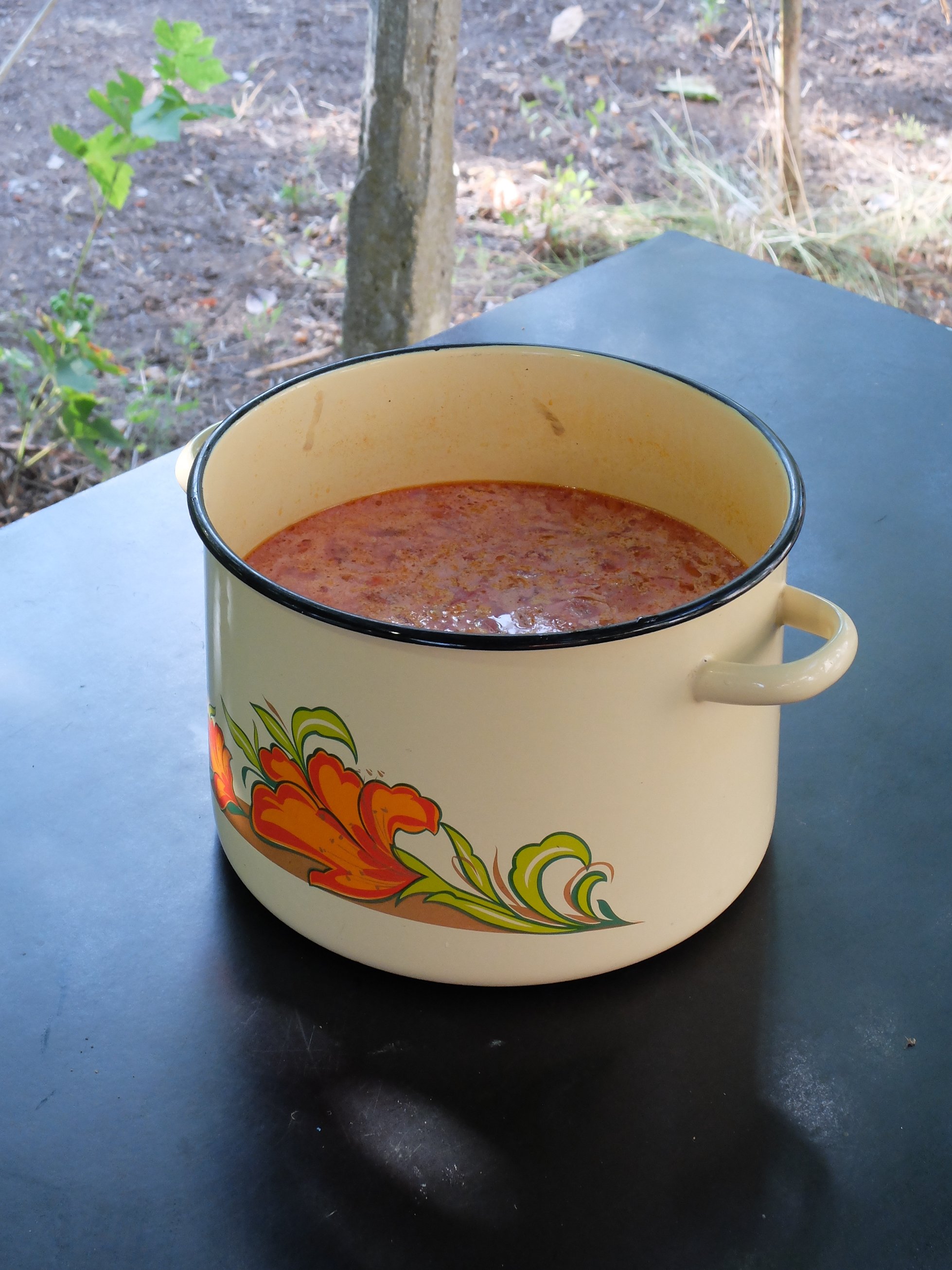  Mariana Lanari, Recipe: Borsht from the cookbook of granny Marianna, metal pot with orange flowers from baba Vasa's kitchen, cooked by Laurenz  