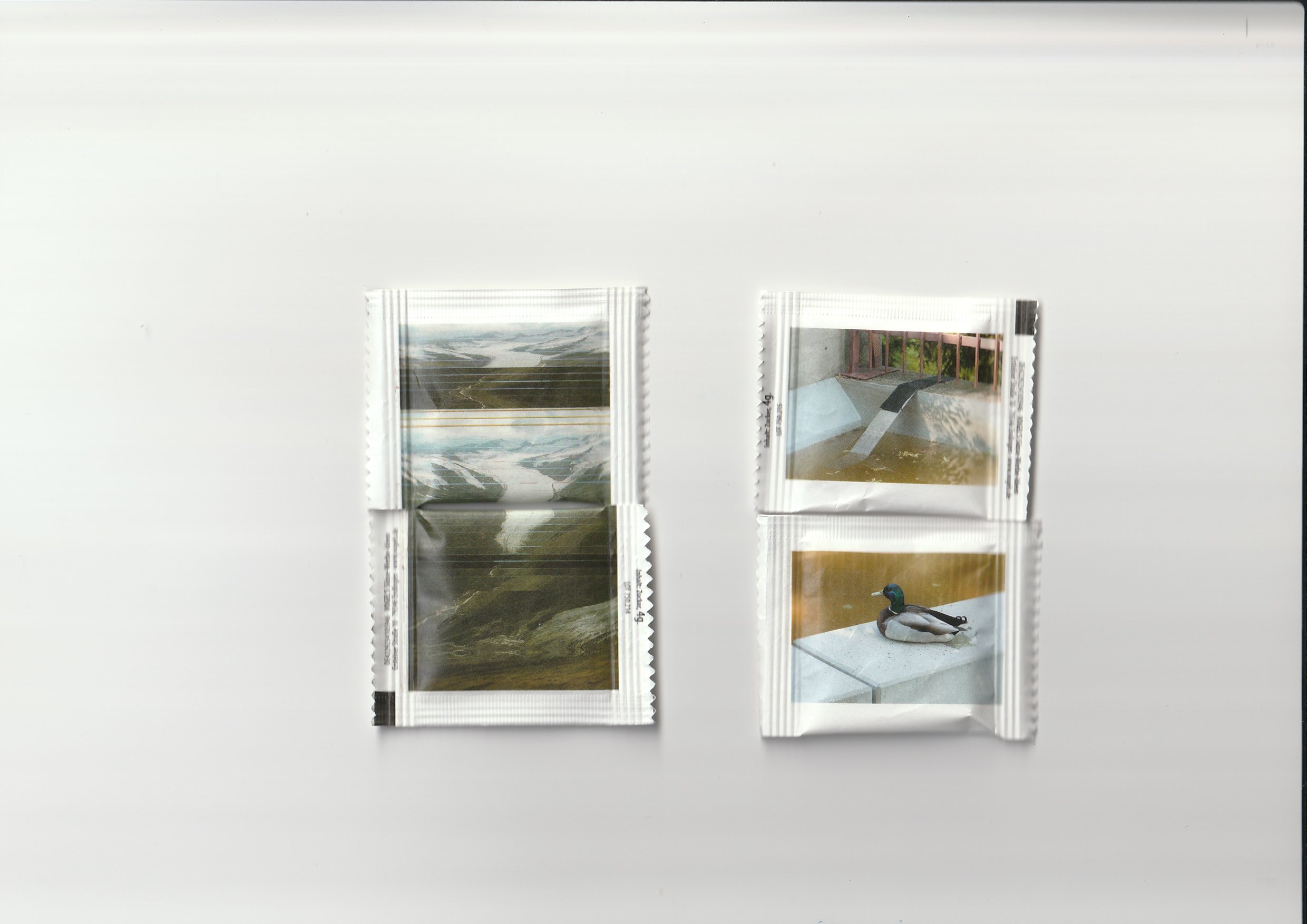   fig17 (scan) (left) Hiroshi Takizawa, Avalanche, 2023, Print on sugar packets, edition of 500, 6,4 x 5 cm (right) Bianca Pedrina, Coexisting, 2023, Print on sugar packets, edition of 500, 6,4 x 5 cm  