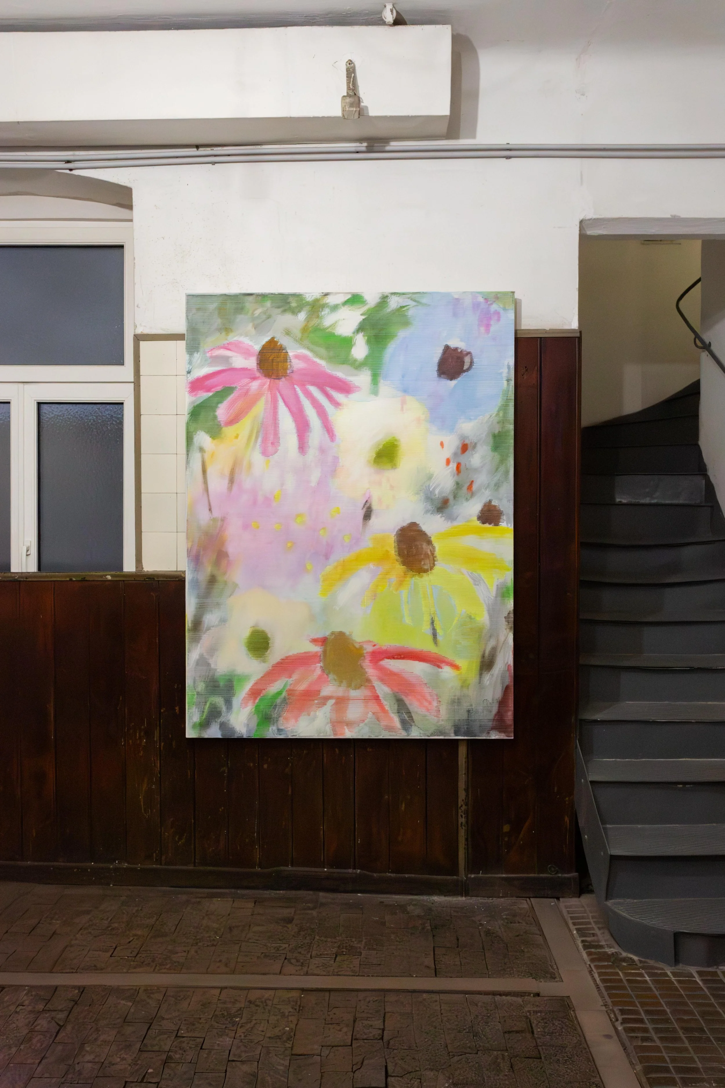   fig9  Maureen Kägi,  Only Workers Forage for Food (3) , 2024, acrylic, oil, oil pastel, watercolor on cotton, 170 × 125 cm 