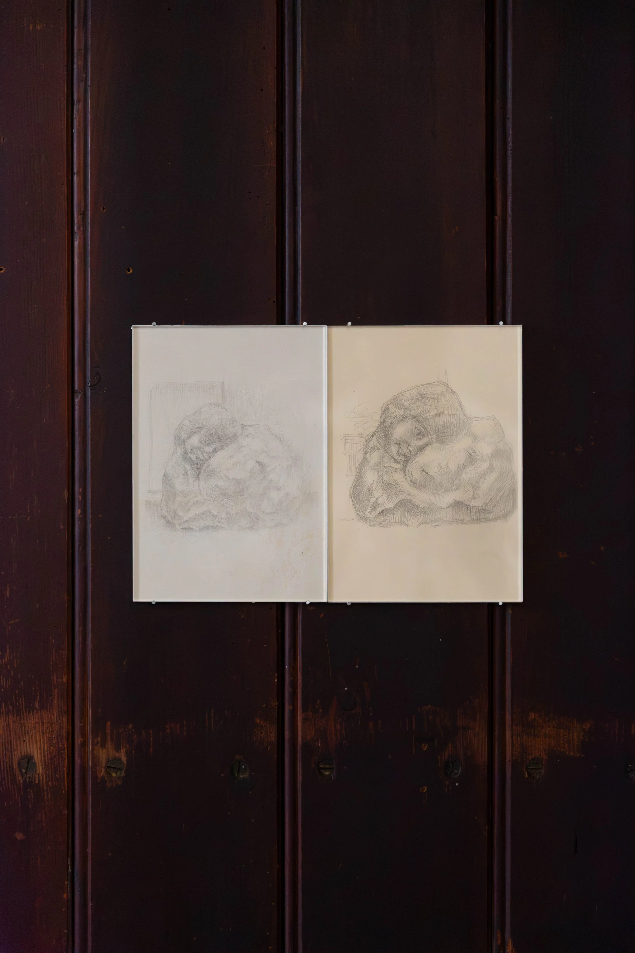   fig7   (left to right)   Noch müde? , 2026, metal point, gesso, gouache on paper, 21 x 14,8 cm,  Hast Du schon alles schön ordentlich gemacht? , 2026, pencil on archival paper, 21 x 14,8 cm 
