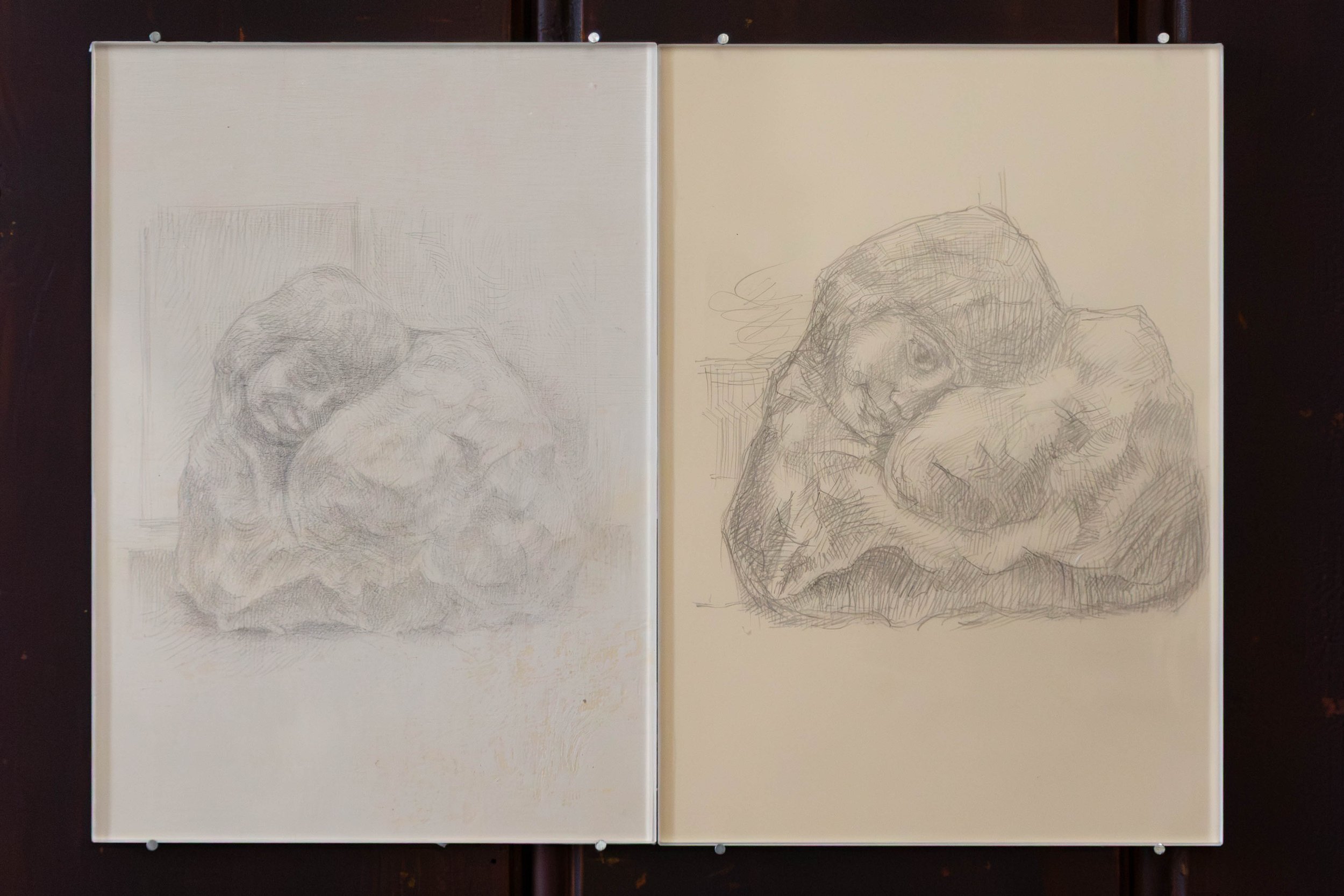   fig8   (left to right)   Noch müde? , 2026, metal point, gesso, gouache on paper, 21 x 14,8 cm,  Hast Du schon alles schön ordentlich gemacht? , 2026, pencil on archival paper, 21 x 14,8 cm 