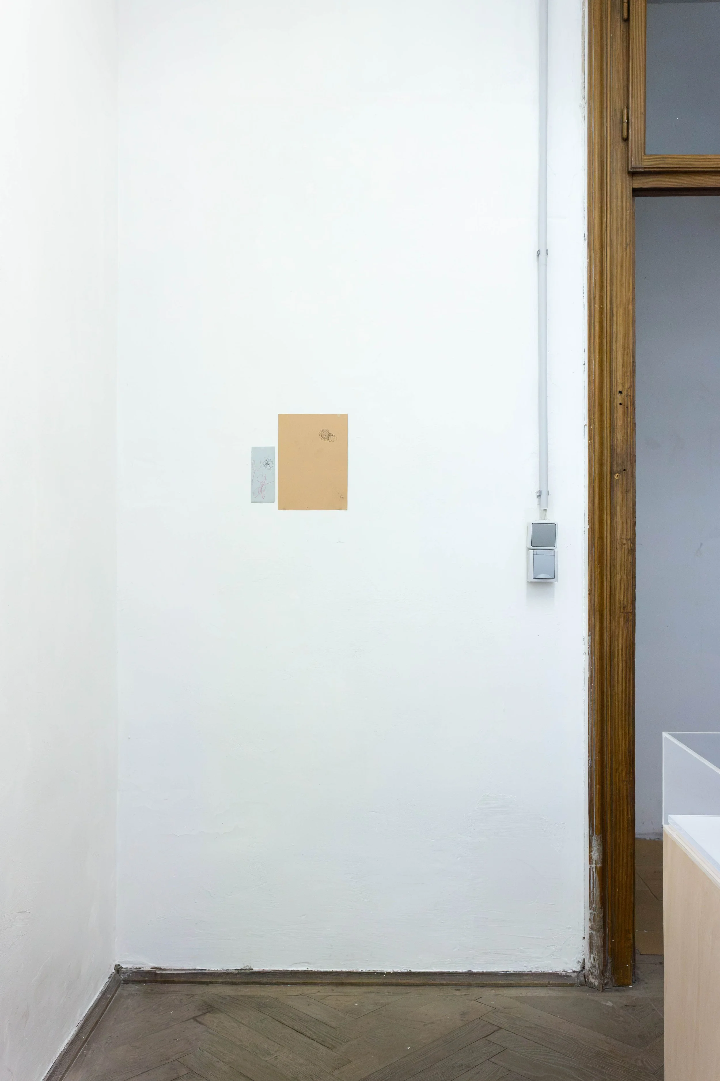   fig32  (left to right) R.M., S.K.,  untitled (amended) , 2023/26, ball point pen, pencil, crayon, grime on paper, 15,3 x 6,2 cm, Robert Müller,  untitled (amendment) , 2024/26, ball point pen, pencil, crayon, grime on paper, 25,8 x 18,8 cm 