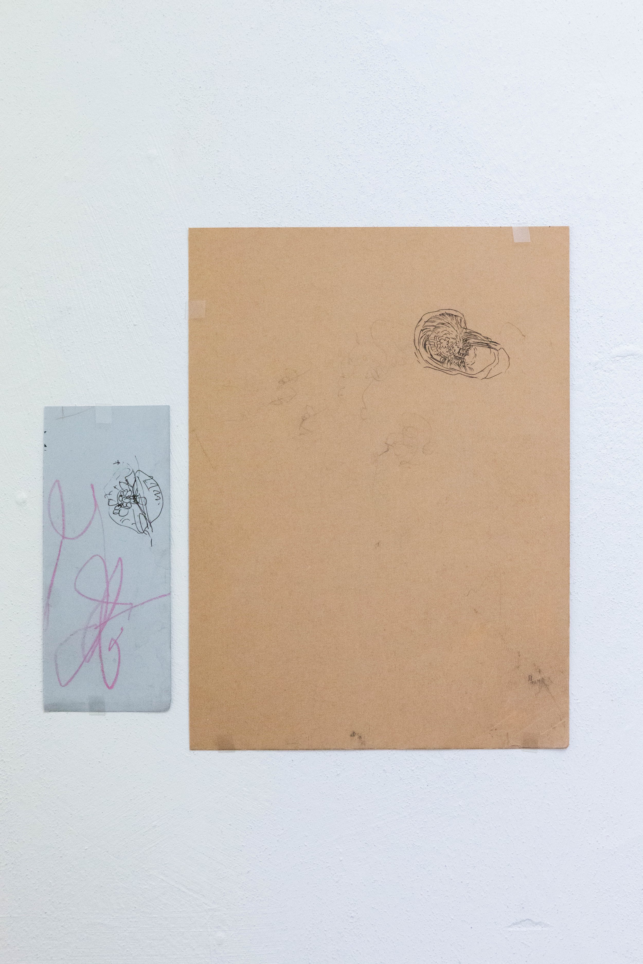   fig33  (left to right) R.M., S.K.,  untitled (amended) , 2023/26, ball point pen, pencil, crayon, grime on paper, 15,3 x 6,2 cm, Robert Müller,  untitled (amendment) , 2024/26, ball point pen, pencil, crayon, grime on paper, 25,8 x 18,8 cm 
