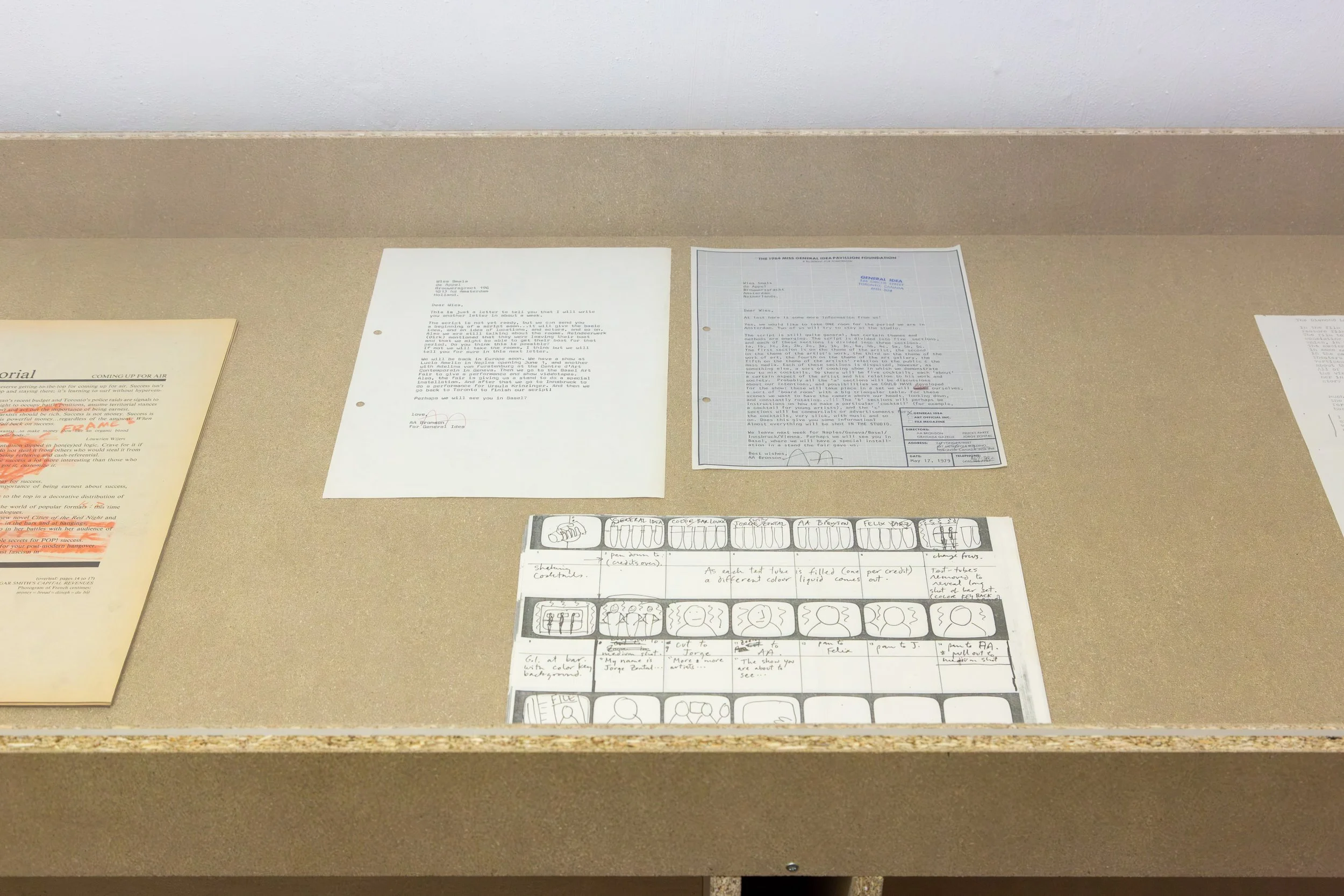   fig50  correspondence, AA Bronson (General Idea) to Wies Smals (de Appel), date unknown; correspondence, AA Bronson (General Idea) to Wies Smals (de Appel), 1979; General Idea, ‘Test Tube’, storyboard, date unknown, printed papers, (b/w ill.), 21 x