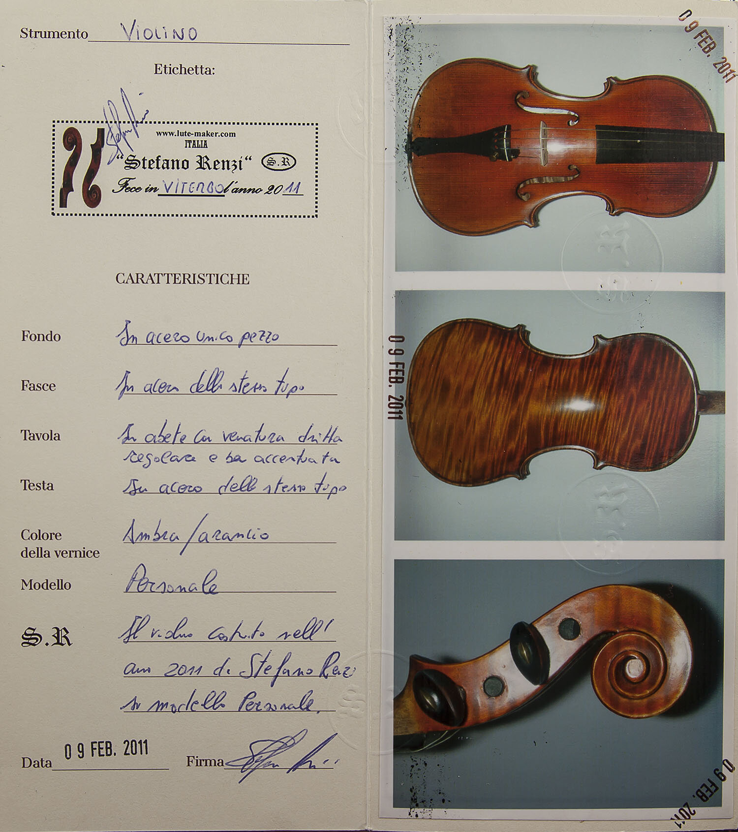 c 2011 Italian Violin by Stefano Renzi, Personal Model