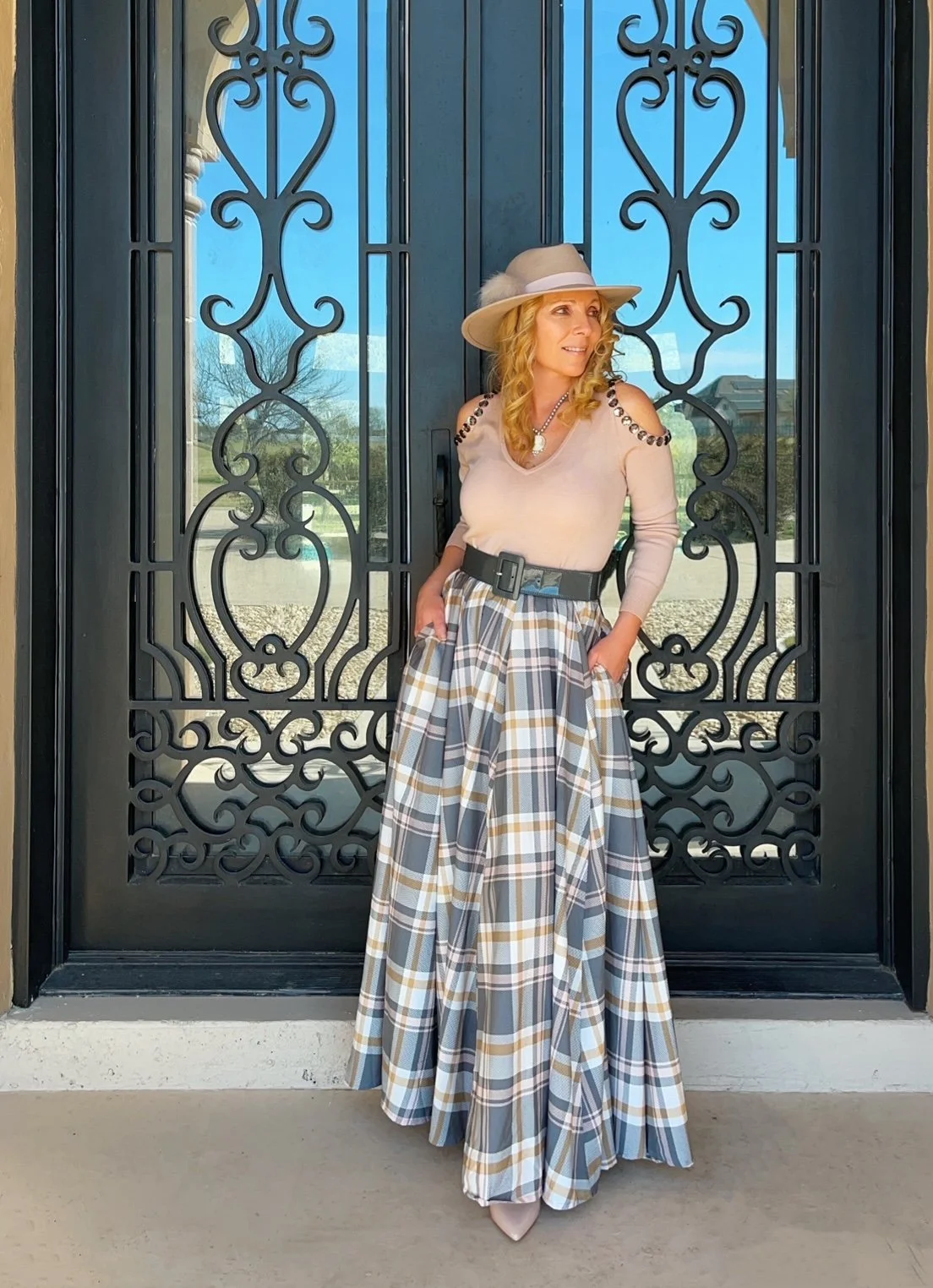 $26 Thrifted Thursday Pink plaid maxi — Crows feet in heels