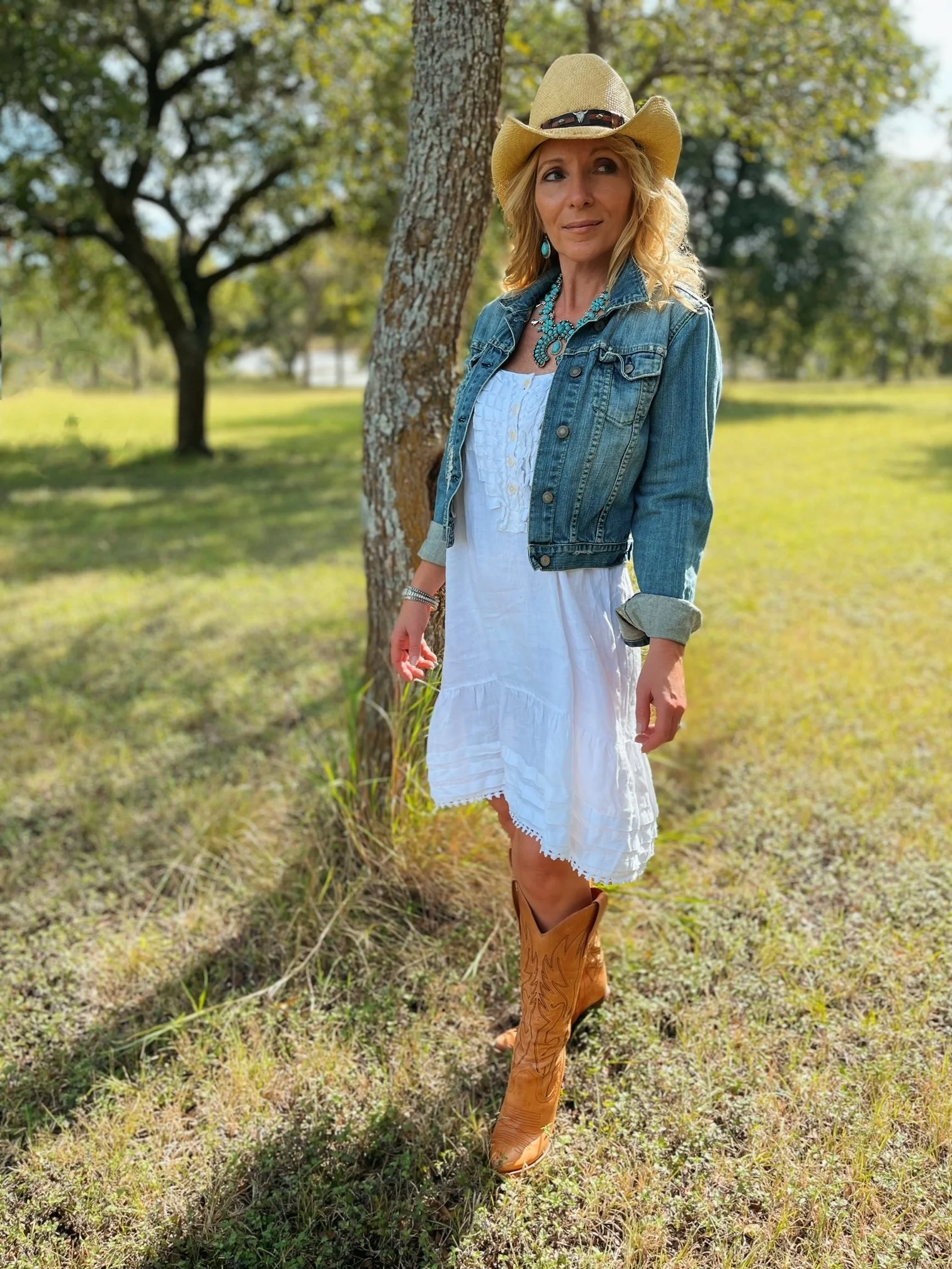 white dress and cowgirl boots laurajpizzuti on LTK Denim Dress With Cowgirl Boots