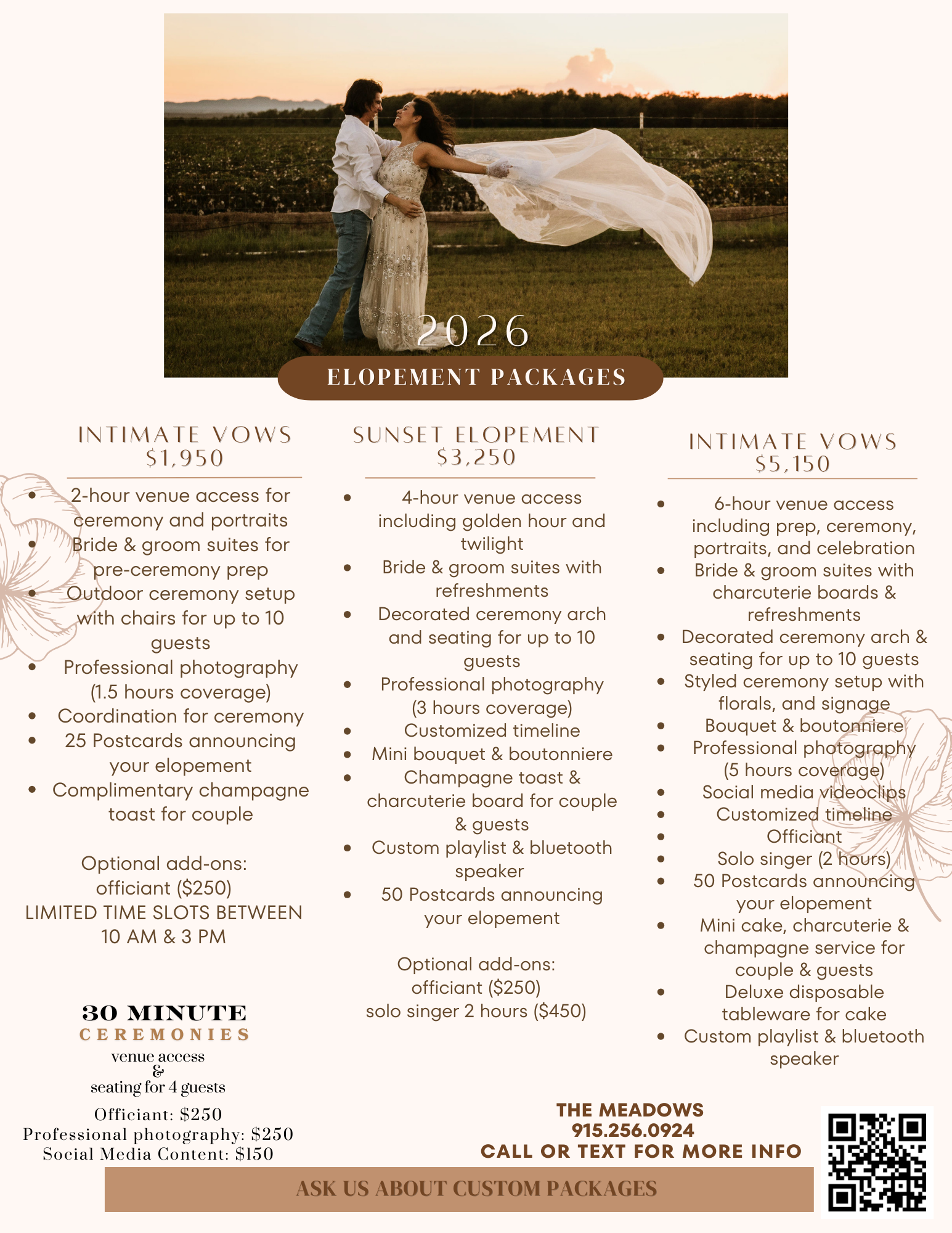 brochure for elopement's in 2026 at the meadows