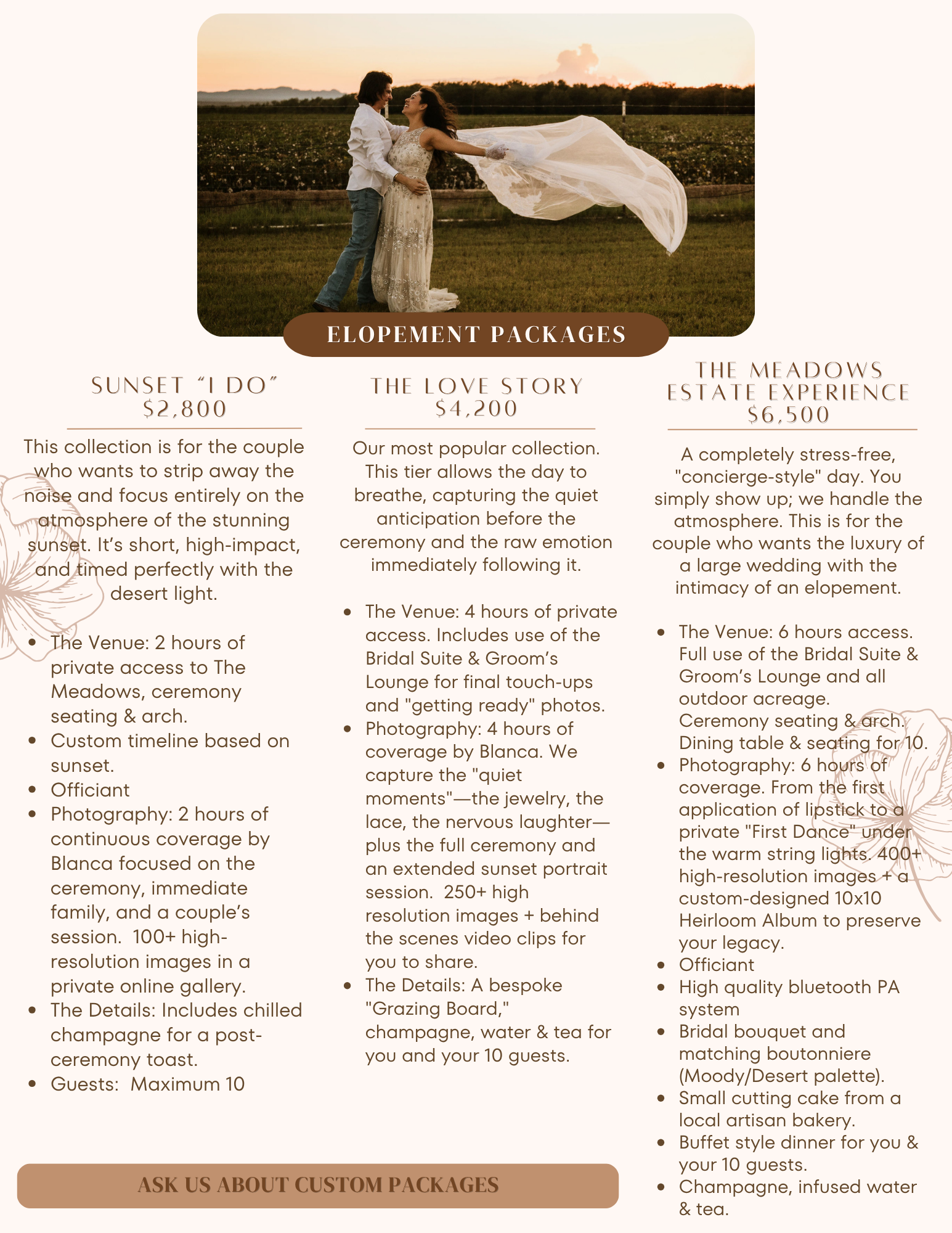 elopement packages in El Paso texas Fabens at sunset at the meadows