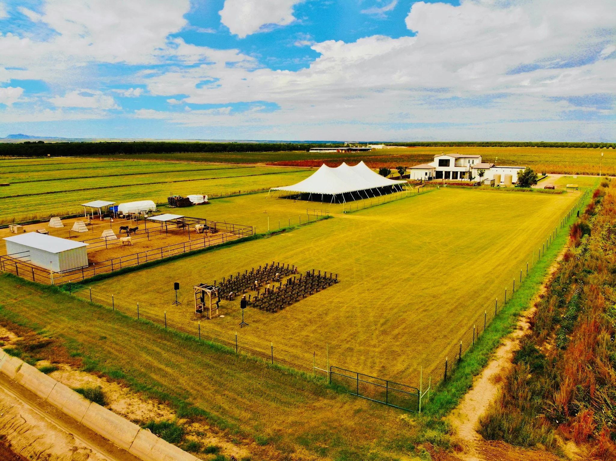 drone view of the meadows in El Paso texas Fabens set up for 200 guests