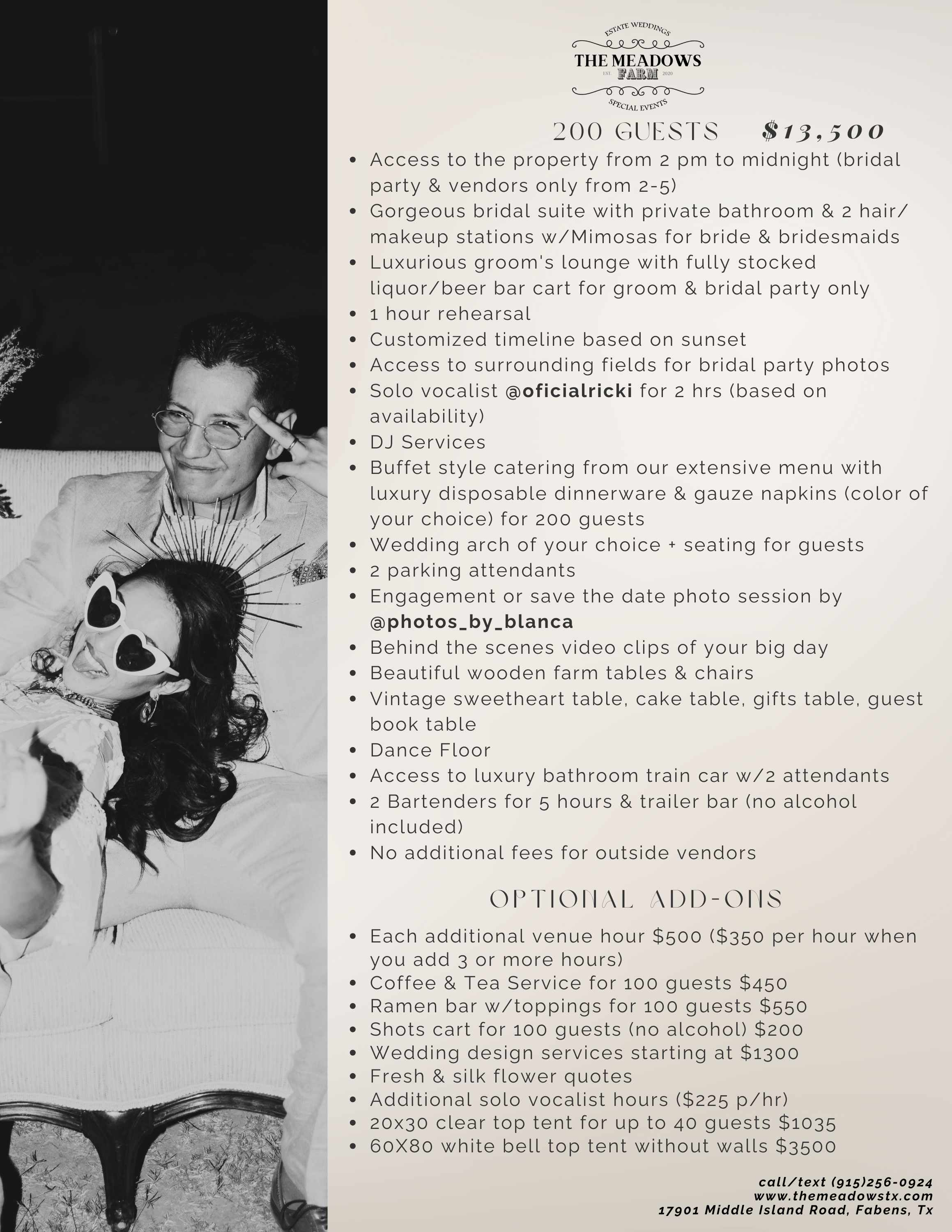 Wedding flyer for The Meadows Farm detailing event information including guest capacity, pricing, venue amenities, additional services, and optional add-ons, with a black-and-white photograph of a woman and a man on a decorative wooden table in the background.