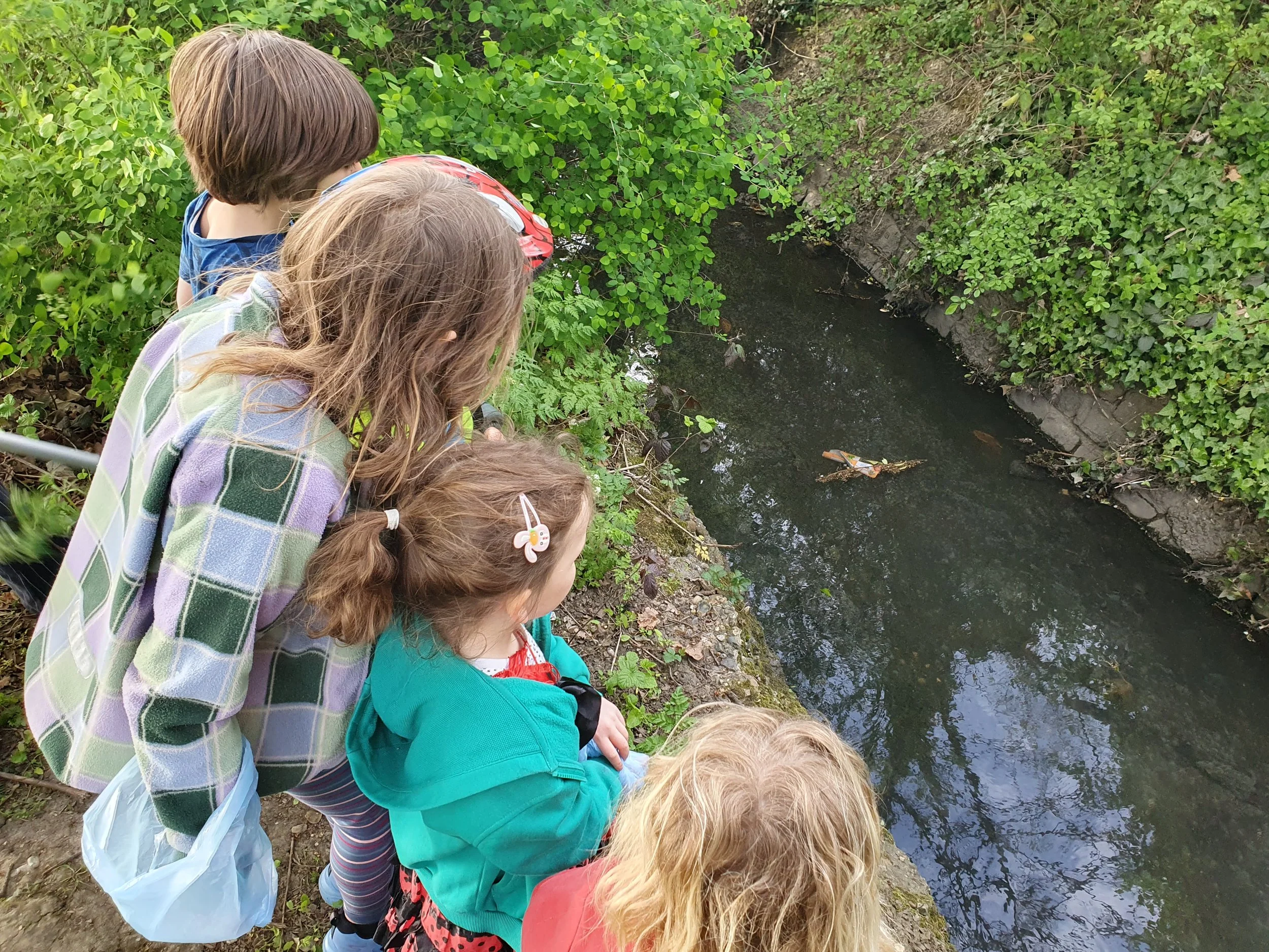 Group of children leaning over a riverbank, looking into the water surrounded by green foliage.