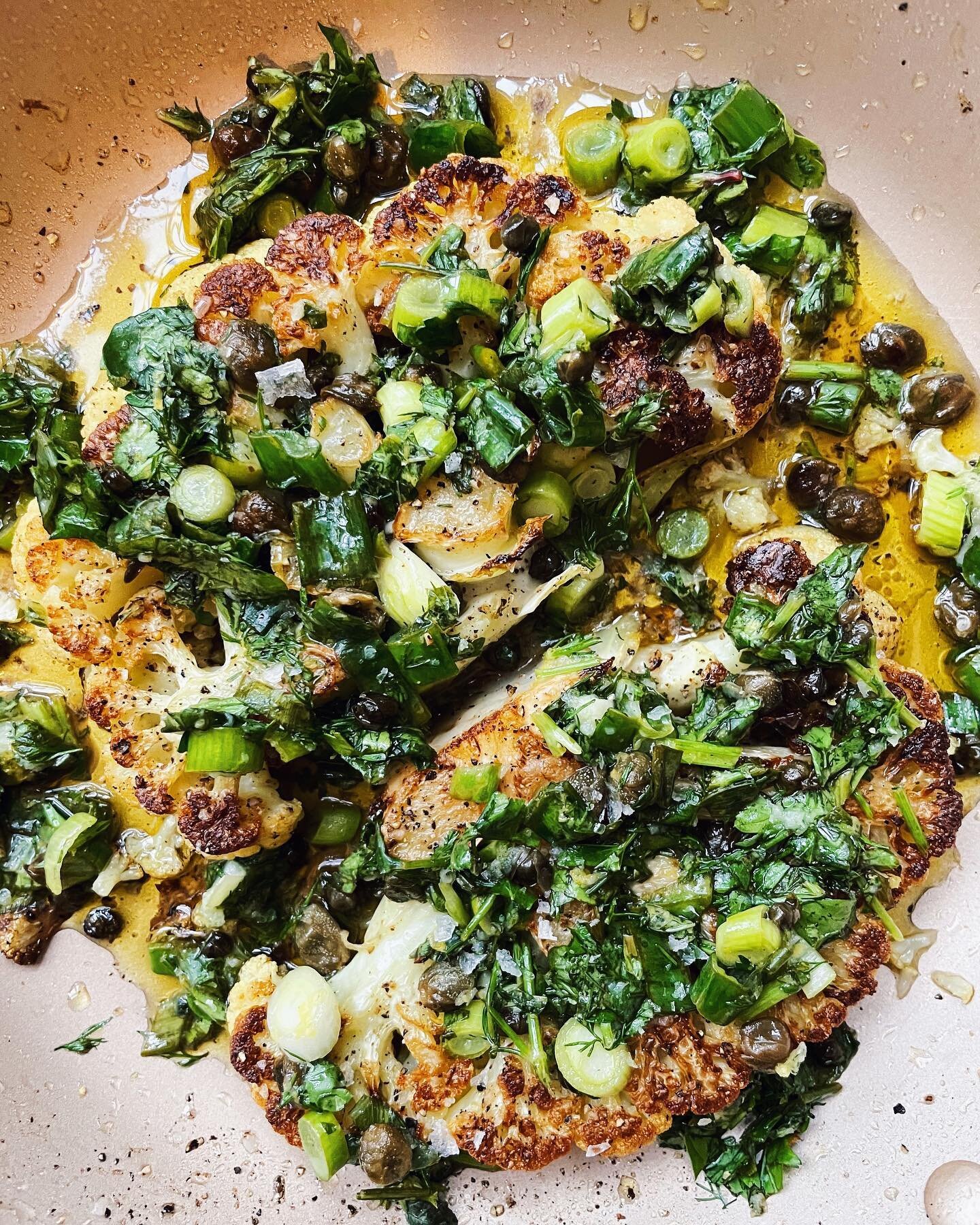 the recipe for this fried caper salsa verde&mdash;a sauce I put on everything&mdash;is dropping this evening along with recipes for two of my favorite ways to eat it: seared cauliflower steaks and spicy sheet-pan chicken and potatoes! available to pa