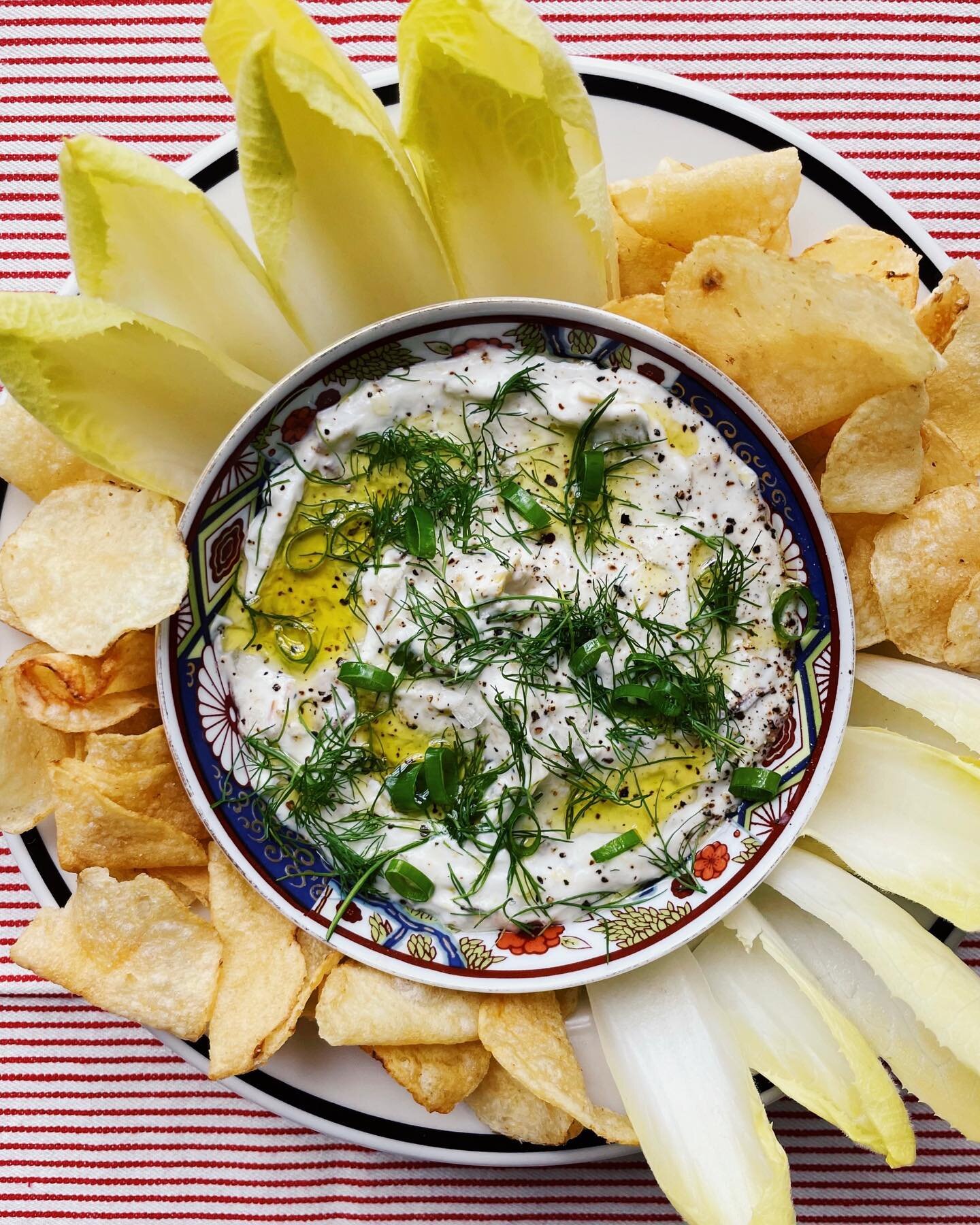 I&rsquo;ve been thinking about @leekalpakis charred shallot, leek, and fennel dip since she posted it, and omg. it instantly improved my bad mood! not an easy task! the recipe is on her feed&mdash;go make it right now!