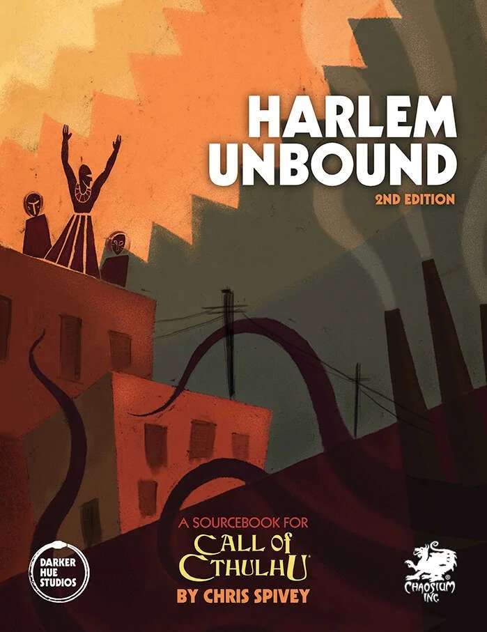Image of Harlem Unbound RPG book showing human figures with upraised arms and tentacles on a nearby building. 