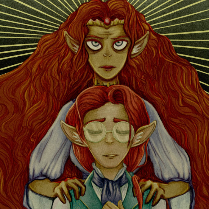 Image of two Crowned Vessel characters with long red hair and tan skin. 