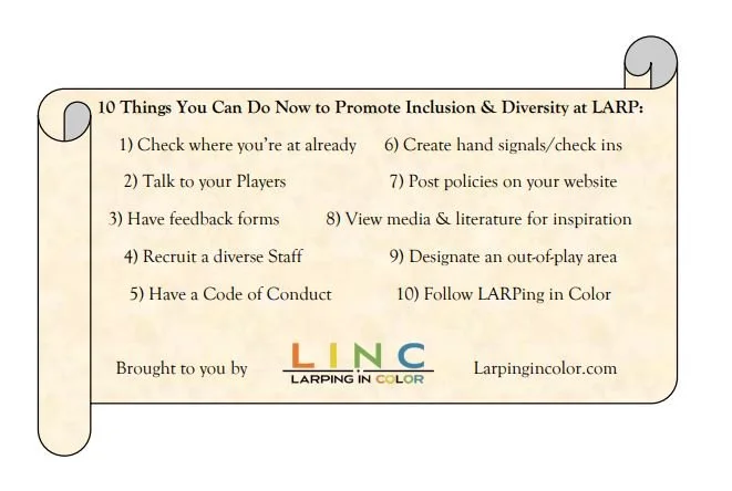  [Image of 10 tips for promoting inclusion at LARP] 