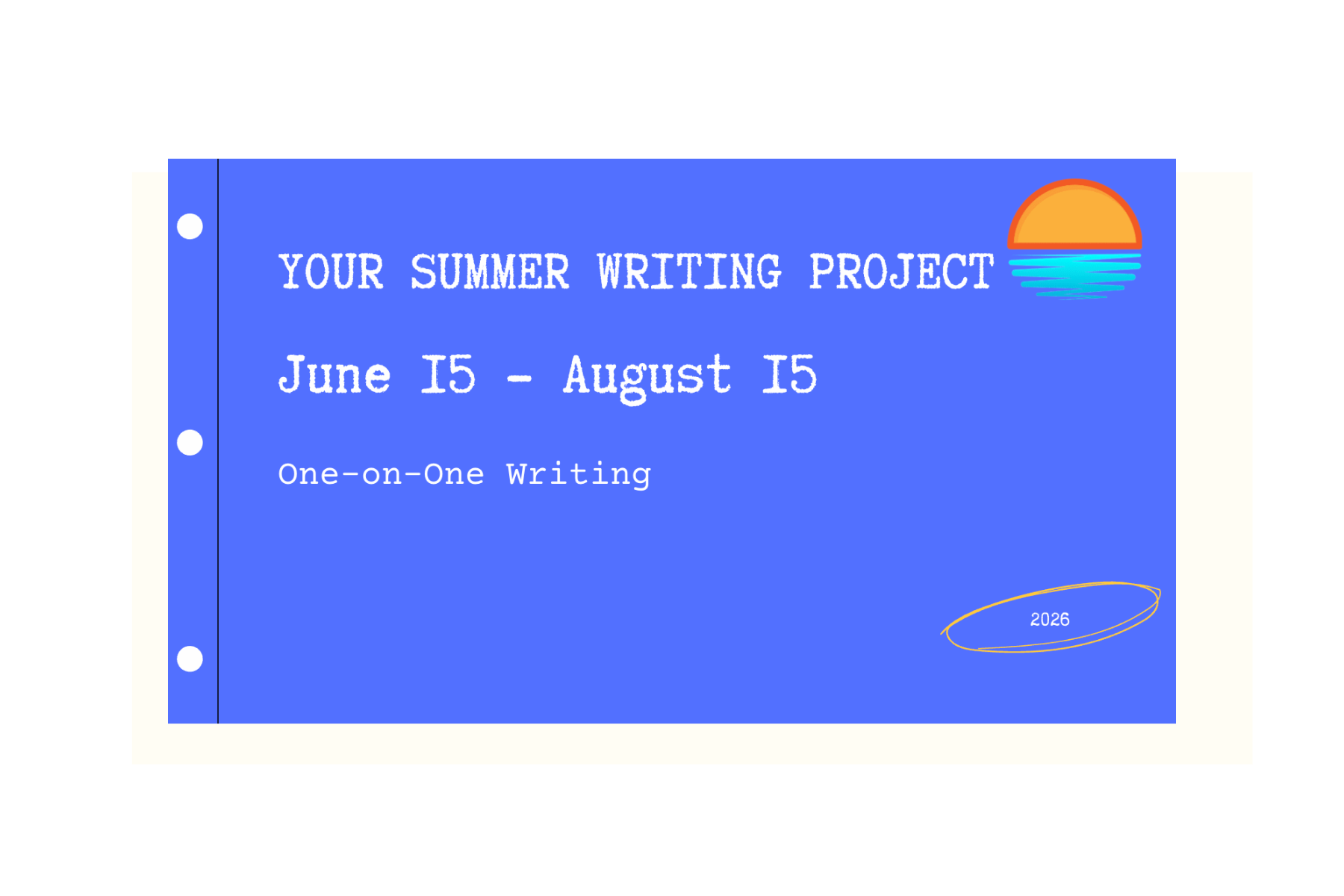 Summer Writing Project June 15-August 15 and a sunset icon