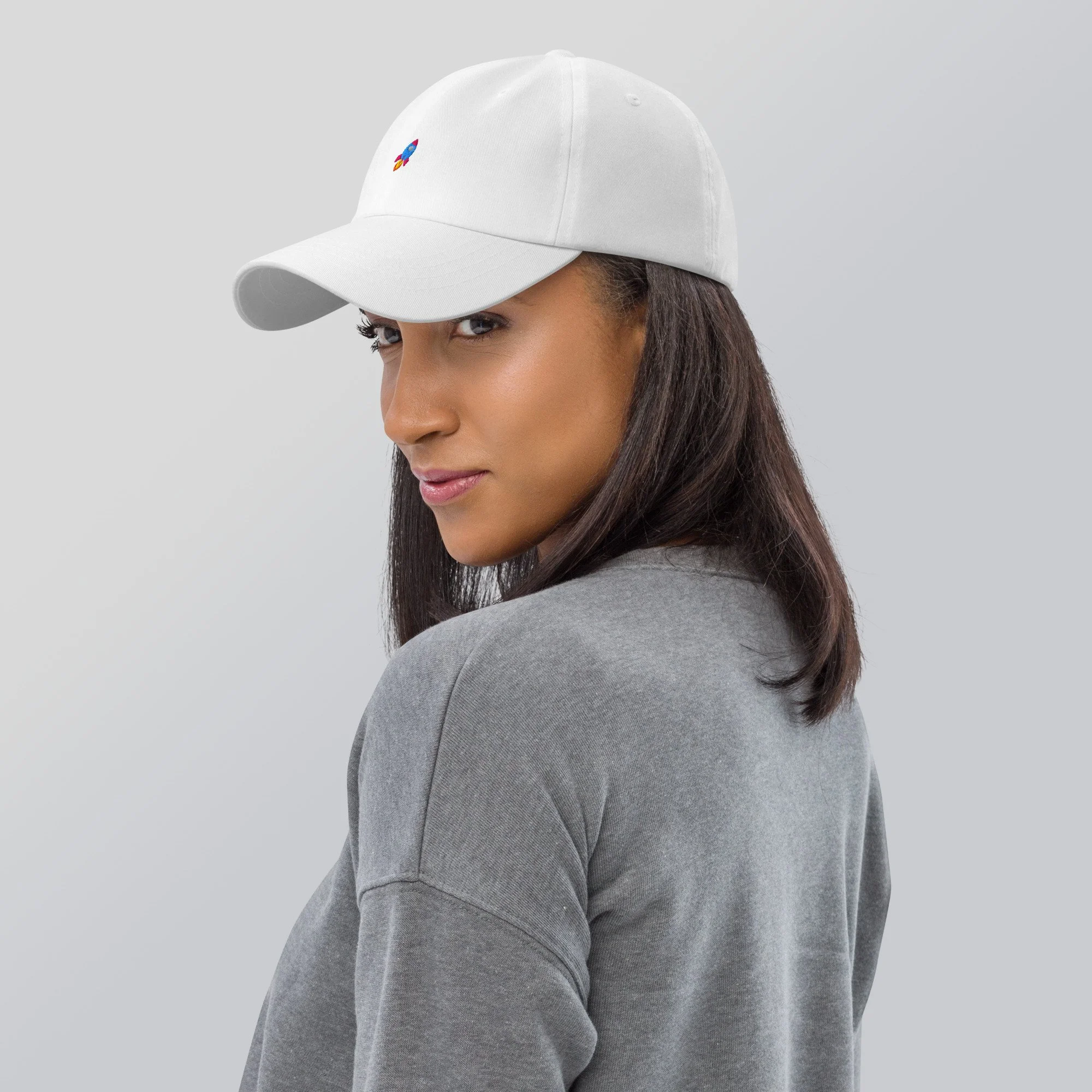 side view of Rocket Dad Hat Baseball Cap in white worn by female model