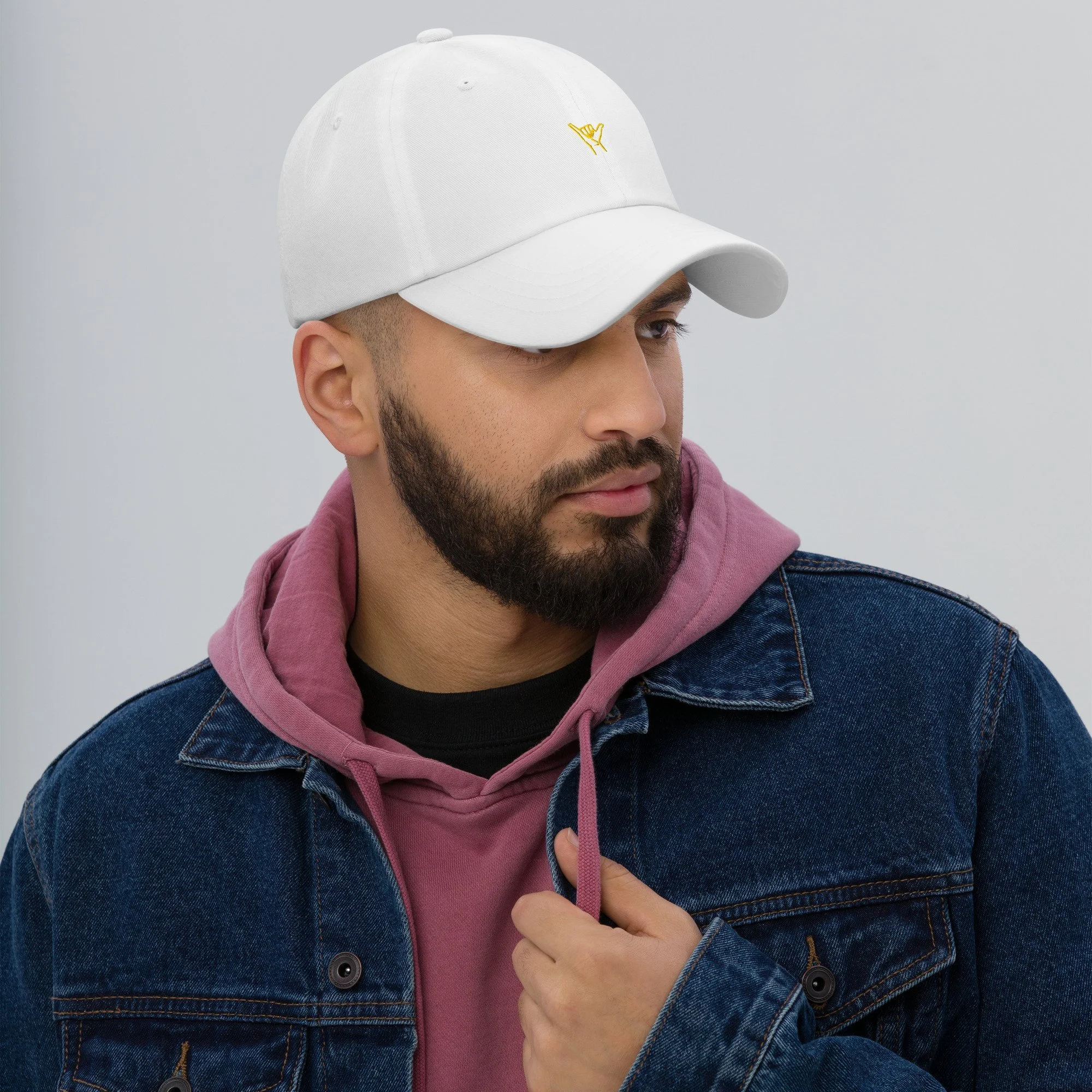 front view of Hang Dad Hat Baseball Cap in white worn by male model