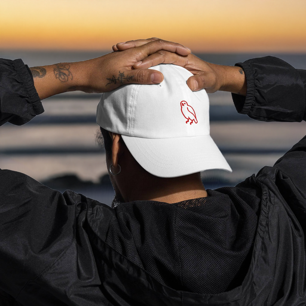 owl-dad-hat-white-front beach scene.png